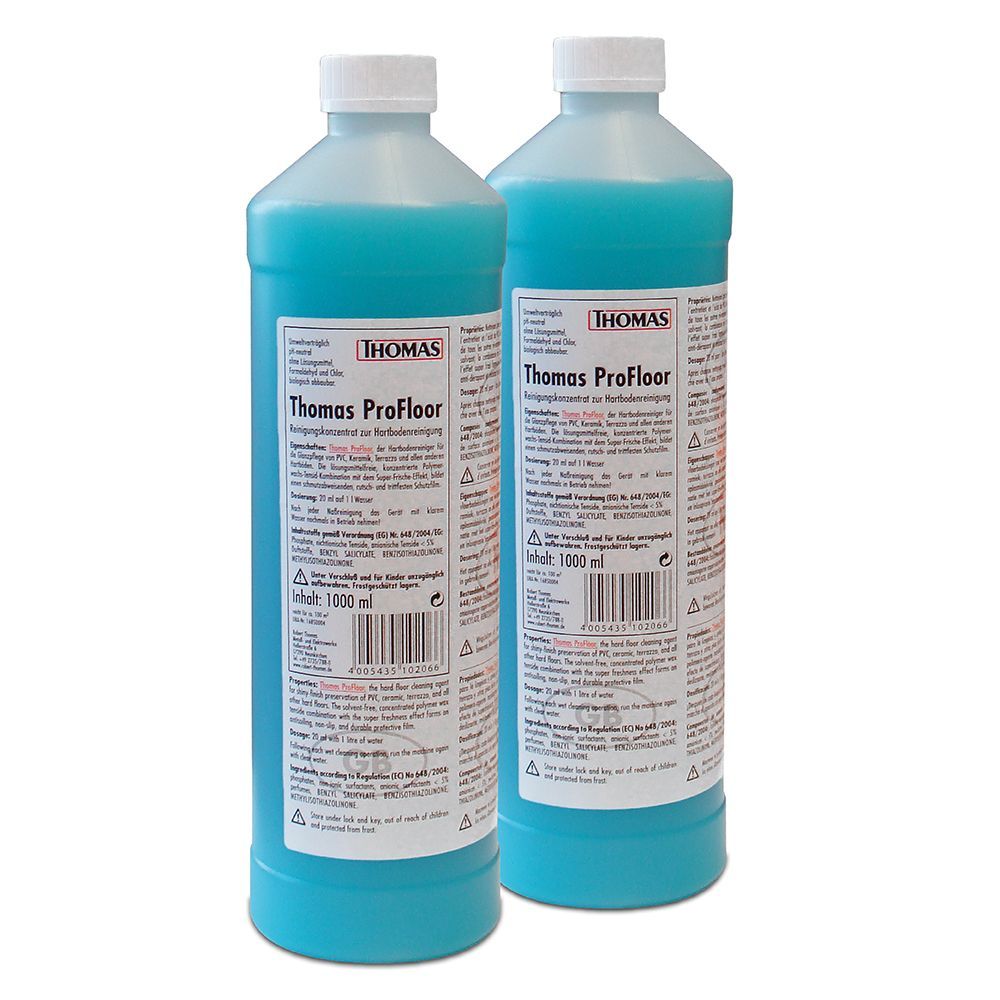 Zwei Flaschen mit blauem Reinigungsmittel. Aufschrift: THOMAS ProFloor. Weiße Deckel, Etiketten mit Text.