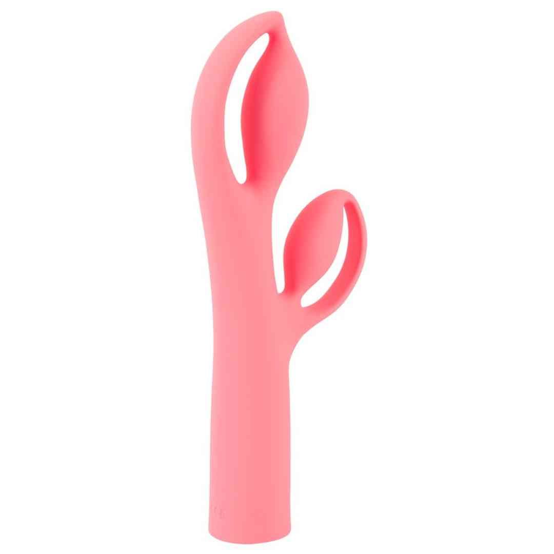 Rosa Vibrator mit zwei abgerundeten Enden und einem länglichen Schaft. Das Design hat eine Form, die an einen Hasen erinnert.