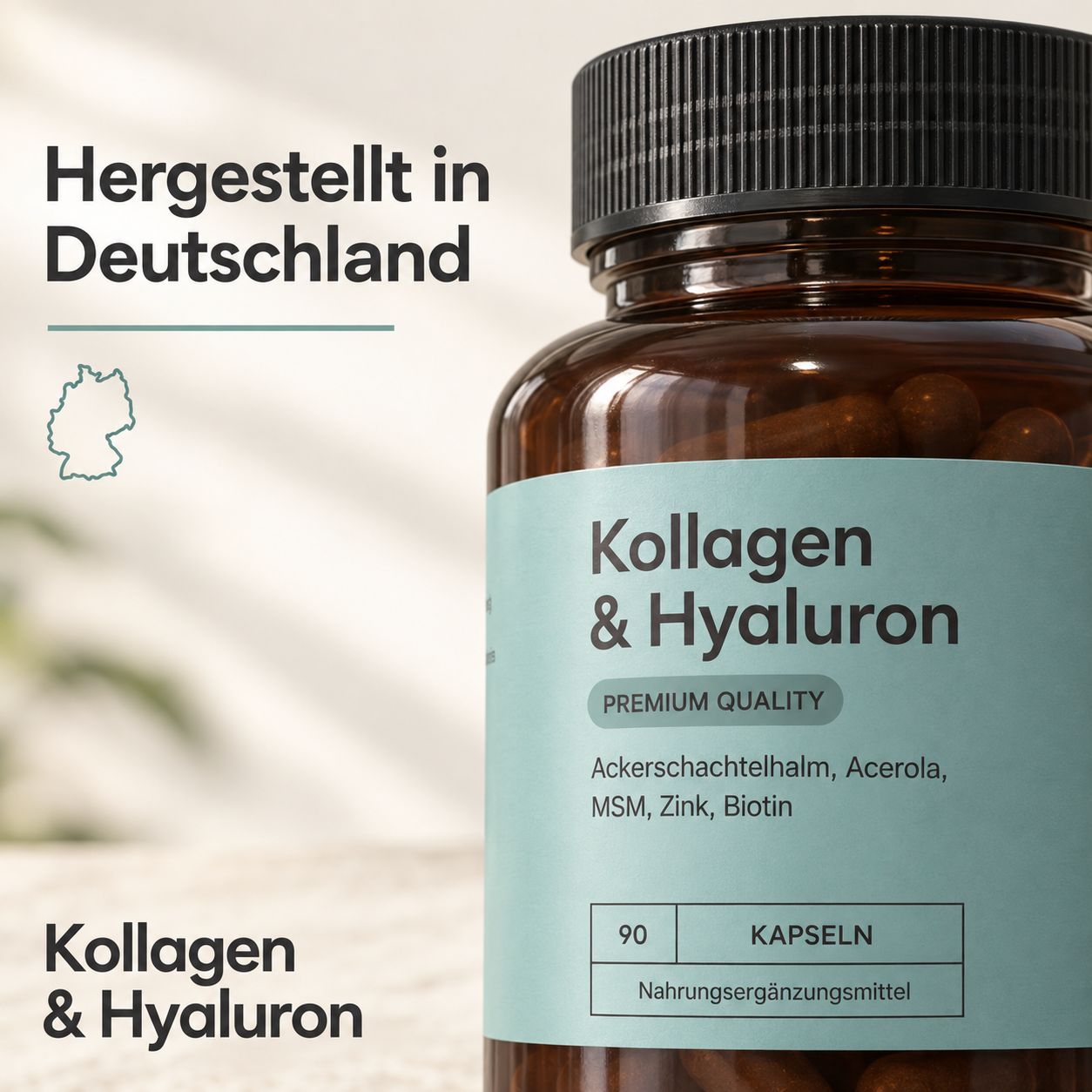 Braune Glasflasche mit Kollagen & Hyaluron Kapseln. "Hergestellt in Deutschland" Aufschrift.