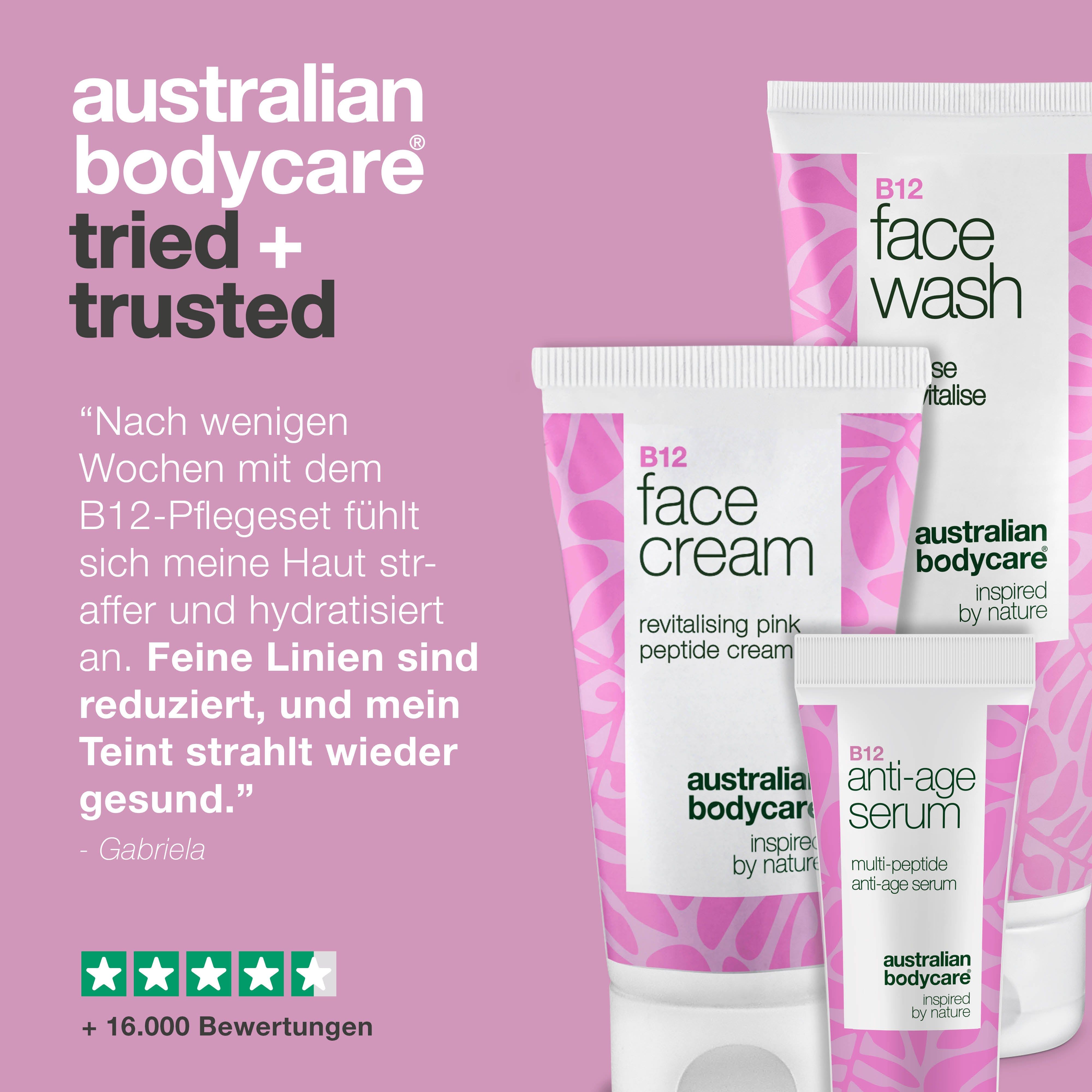 Drei Tuben: Face Wash, Face Cream, Anti-Age Serum. Text: Erfahrungsbericht und Sternebewertung. Marke: Australian Bodycare.