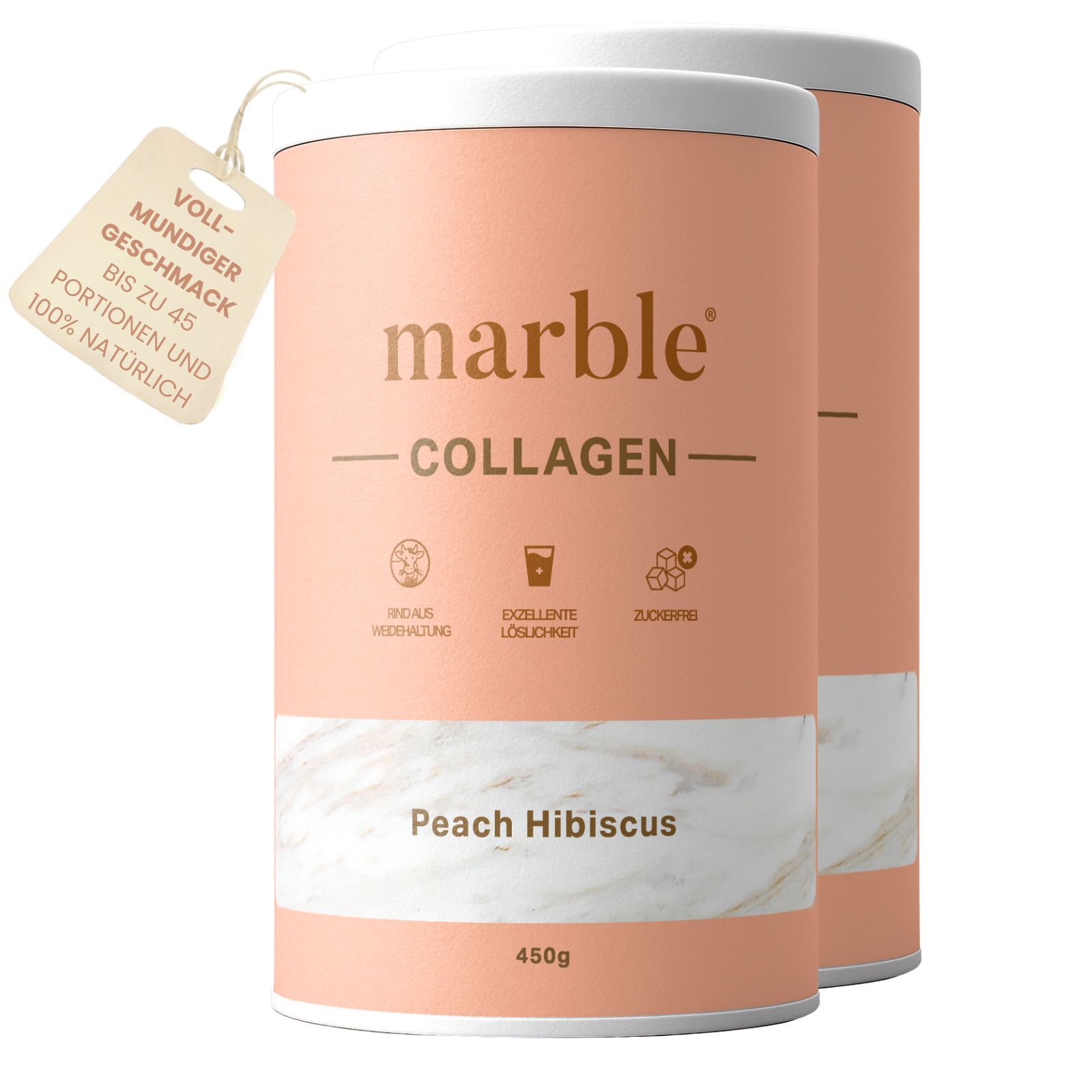 Zwei Dosen "marble" Collagen, Pfirsich Hibiskus. Anhänger: "Vollmundiger Geschmack bis zu 45 Portionen und 100% natürlich".