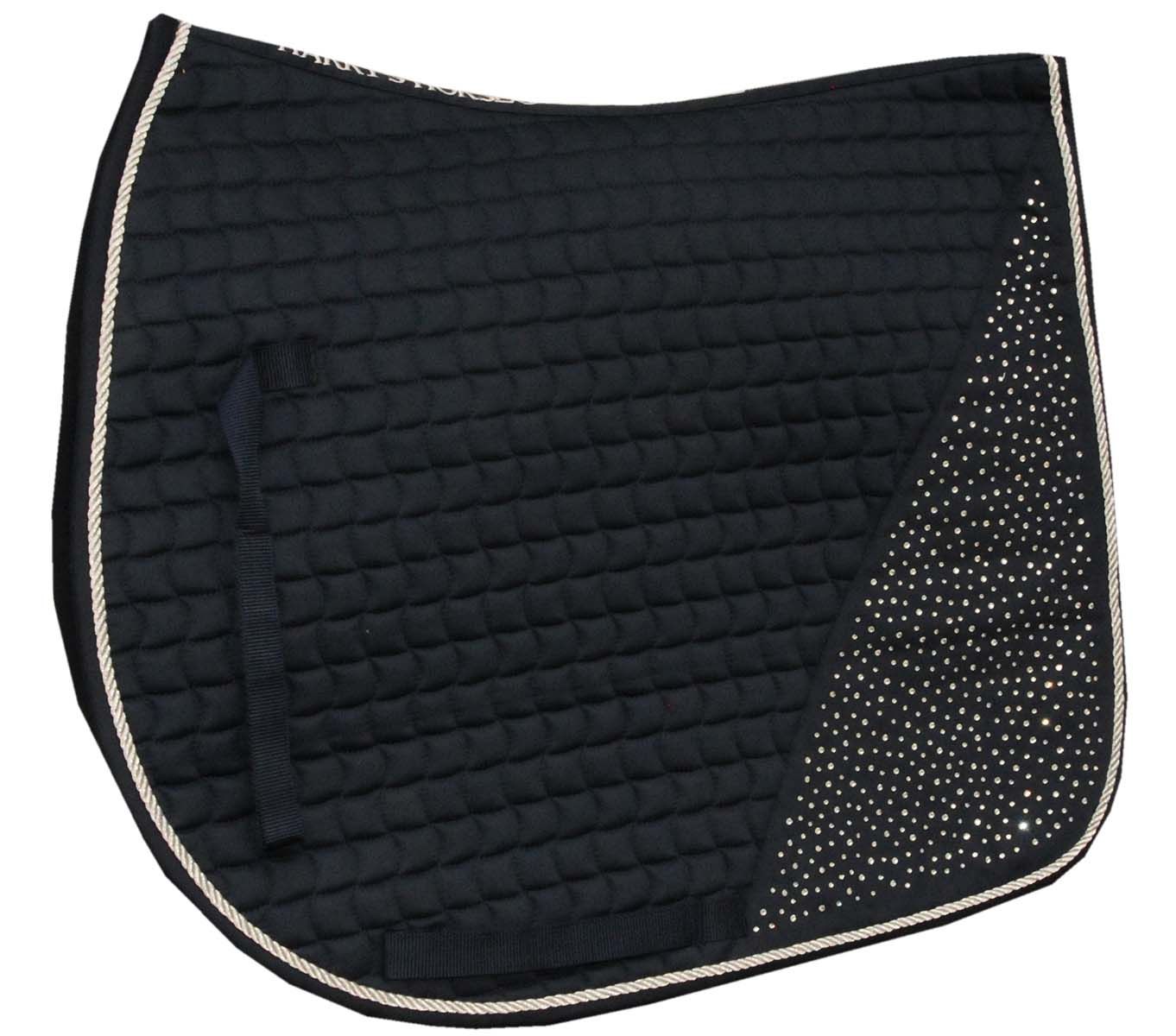 Schwarze Schabracke mit weißer Kordel und Kristallverzierung.