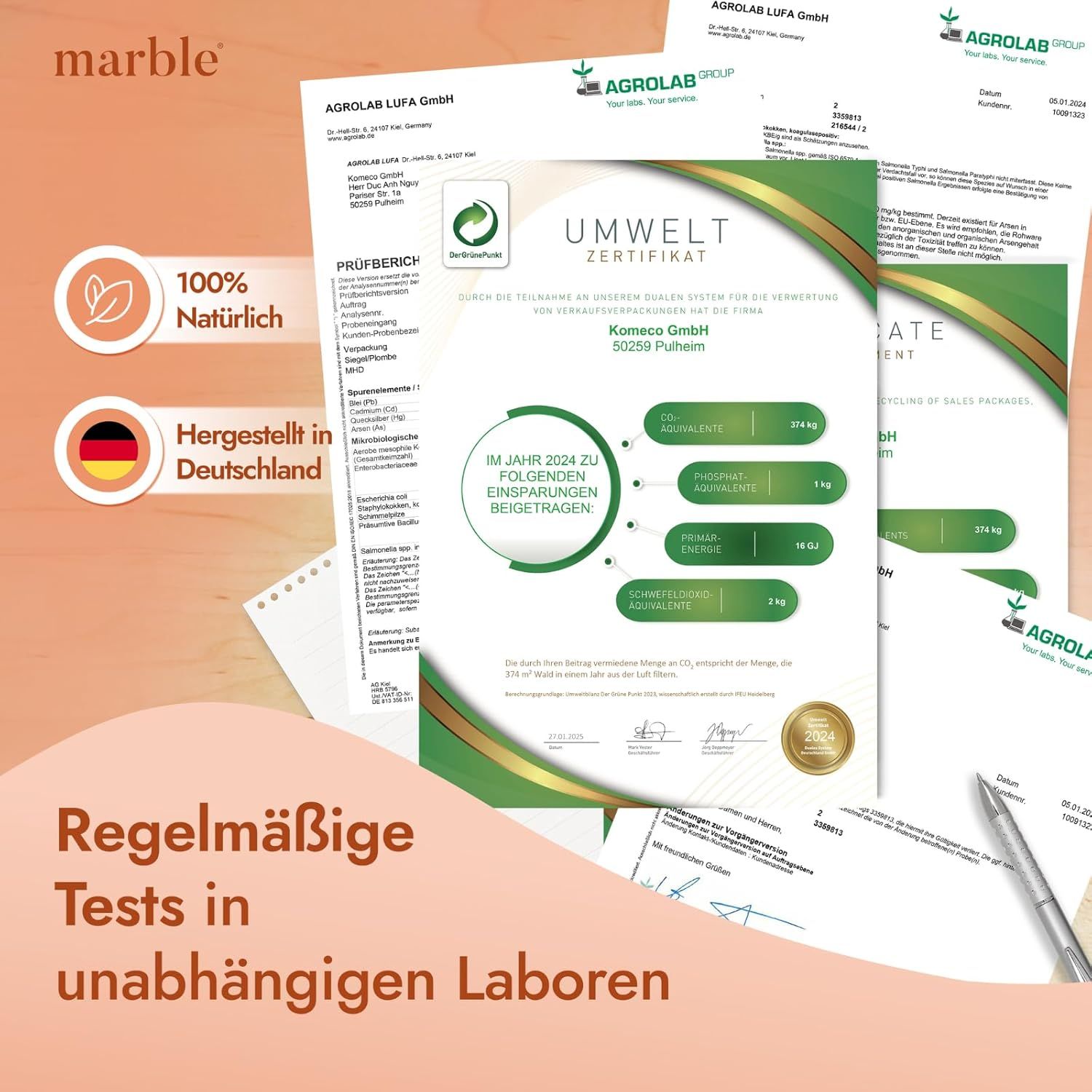 Zertifikate für "100% Natürlich" und "Hergestellt in Deutschland" für Marble® Collagen Pro.
