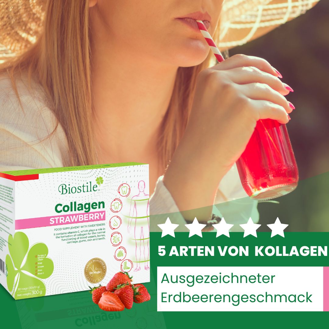 Biostile Collagen Strawberry Verpackung mit Erdbeeren, Frau trinkt rotes Getränk.