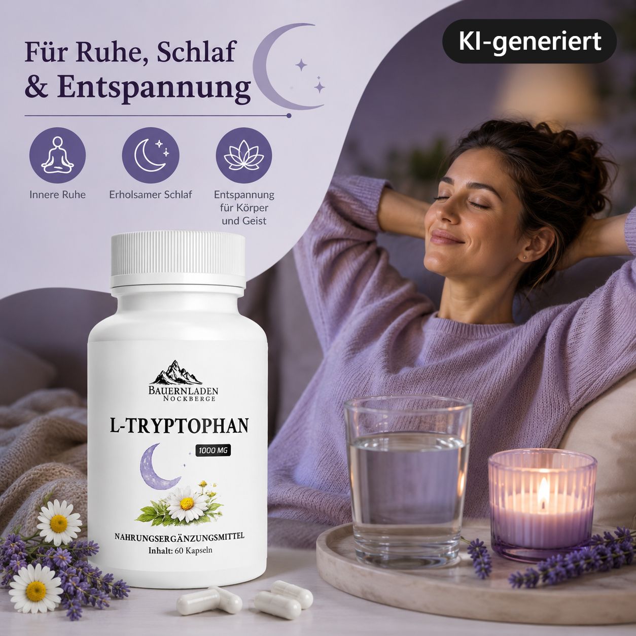 L-Tryptophan Kapseln 1000 mg, 60 Stück. Icons für Ruhe, Schlaf, Entspannung. Frau entspannt auf Sofa.