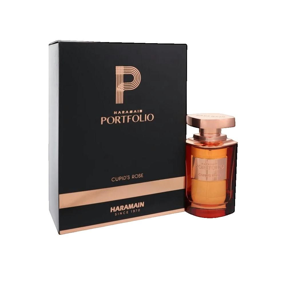 Schwarzer Karton und Flakon. Aufschrift: HARAMAIN PORTFOLIO Cupid's Rose. Flakon mit goldfarbenem Verschluss.