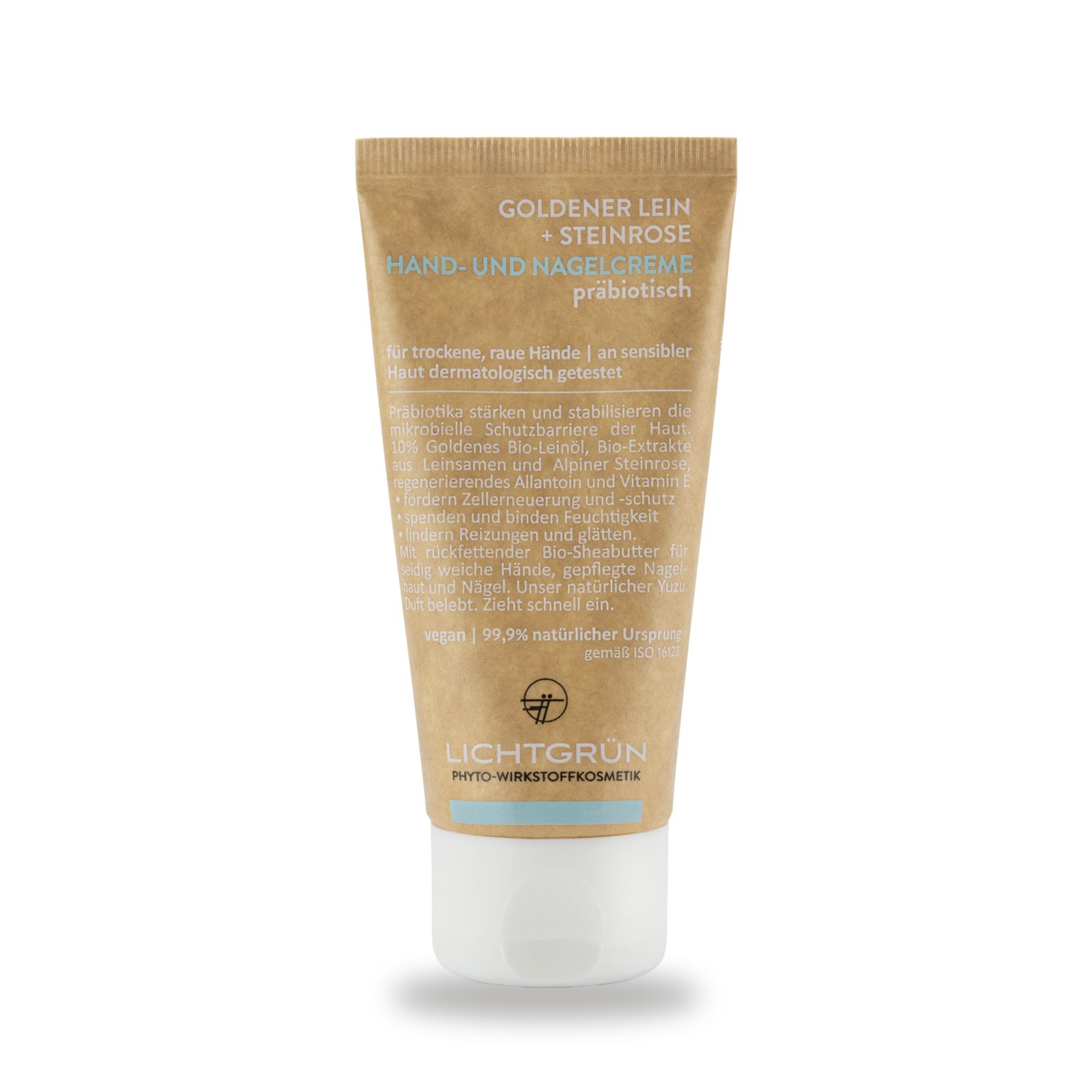 LICHTGRÜN Hand- und Nagelcreme in brauner Tube mit weißem Deckel. Text auf Deutsch.