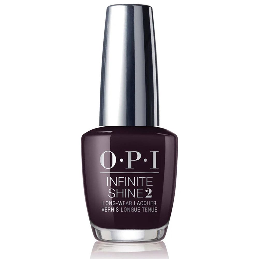 Nagellackflasche mit silbernem Deckel. Produktname OPI Infinite Shine 2, dunkelroter Nagellack.