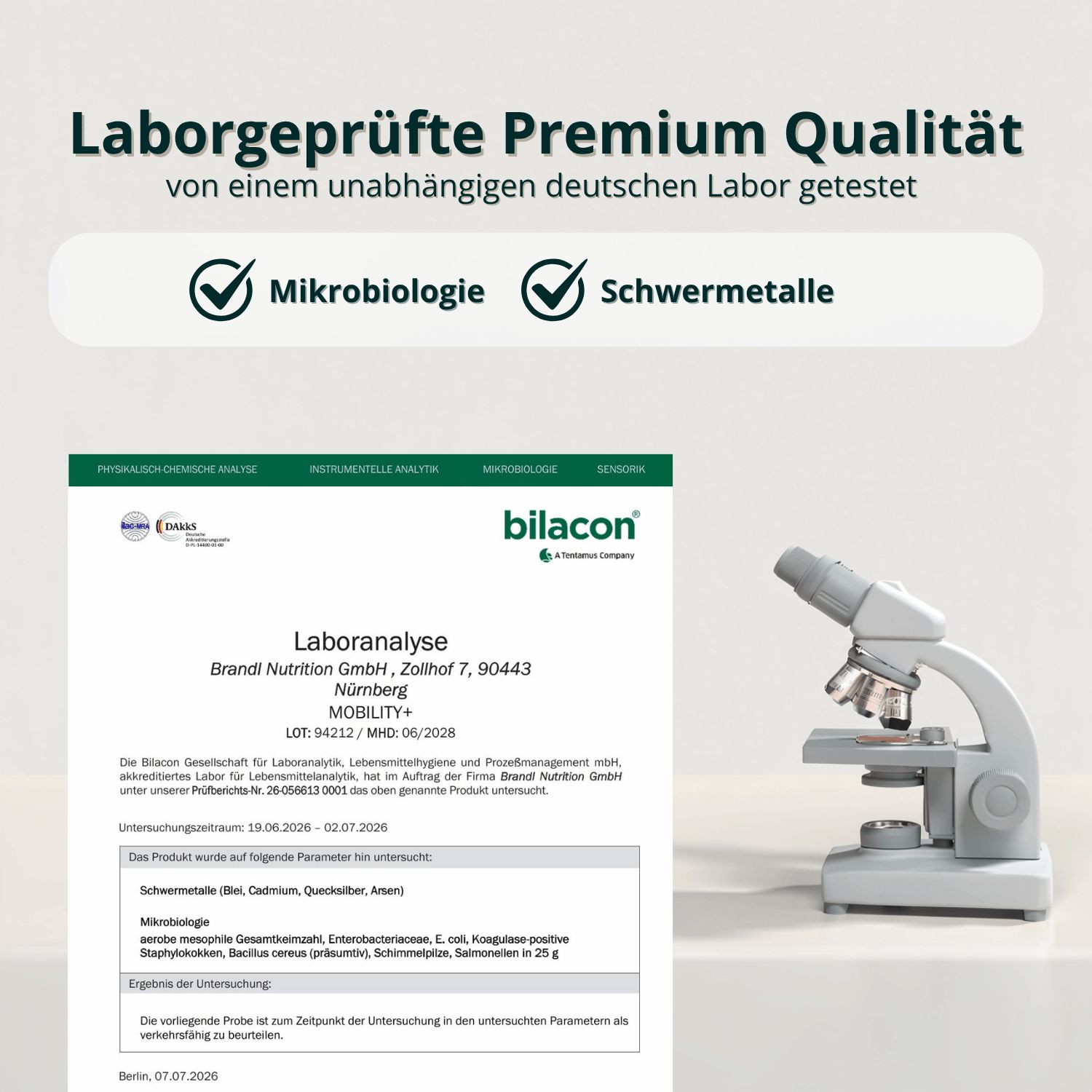 Laborbericht und Mikroskop als Zeichen für geprüfte Premium Qualität.