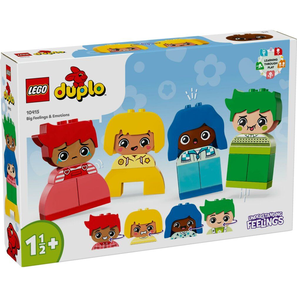 LEGO DUPLO-Set. Figuren in Rot, Gelb, Blau und Grün. Figuren mit Gesichtsausdrücken. Verpackung mit Produktnamen und Altersempfehlung.