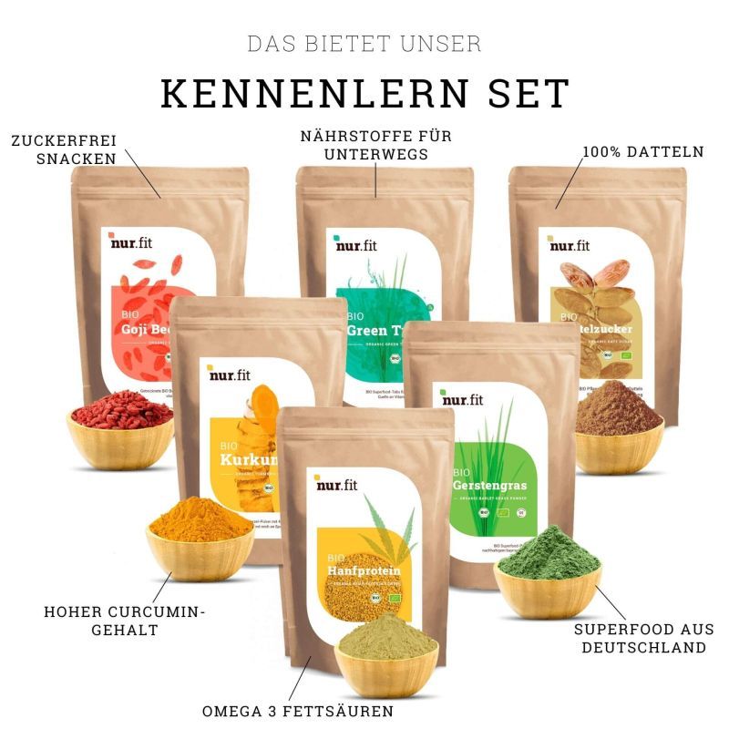 Das Kennenlern Set von nur.fit mit sieben Beuteln. Aufschrift: Goji Beeren, Green Tea, Datteln, Kurkuma, Gerstengras, Hanfprotein.