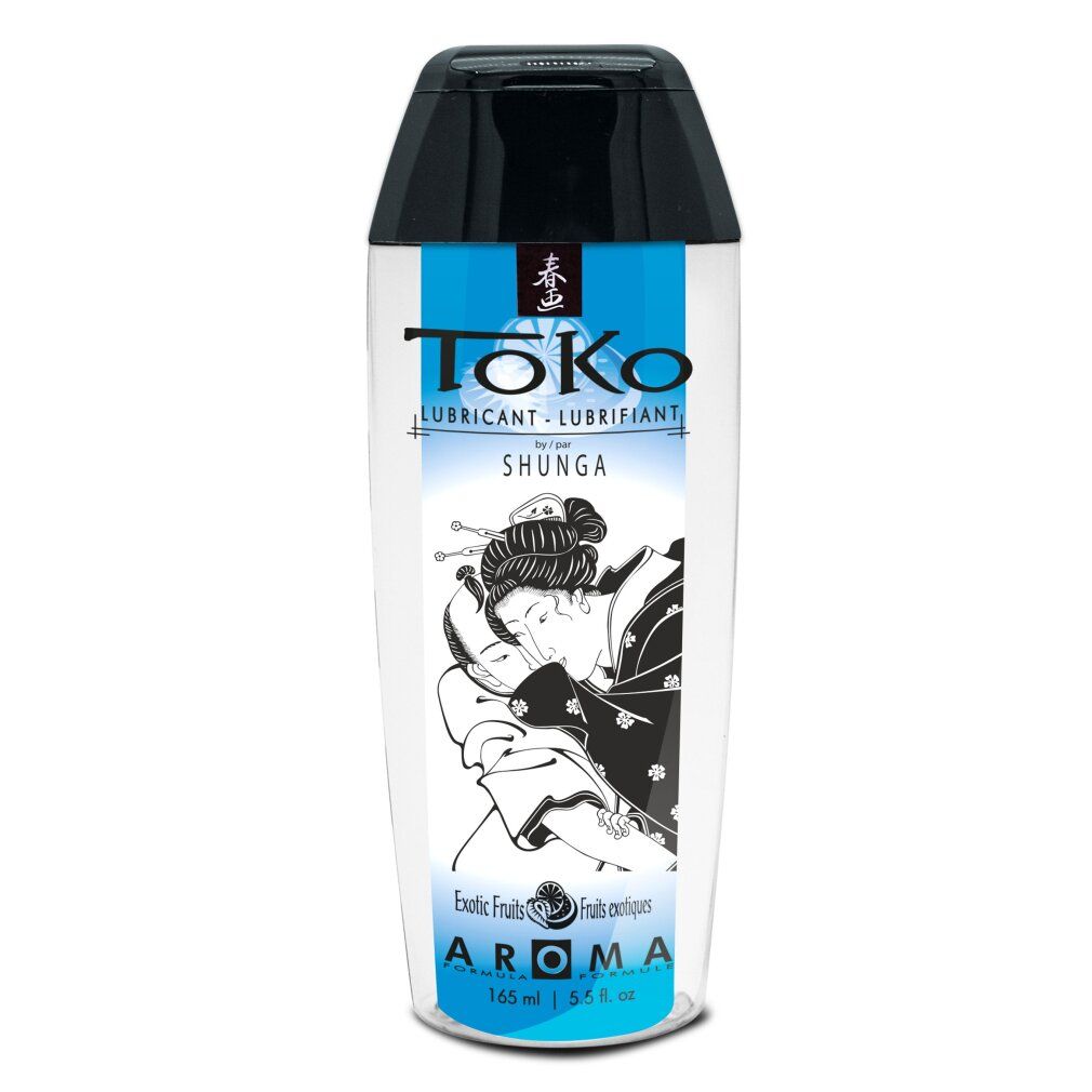 Flüssiges Gleitmittel in einer Flasche mit schwarzem Deckel. Aufschrift: Toko, Shunga, Aroma Exotic Fruits. Abbildung: Frau.