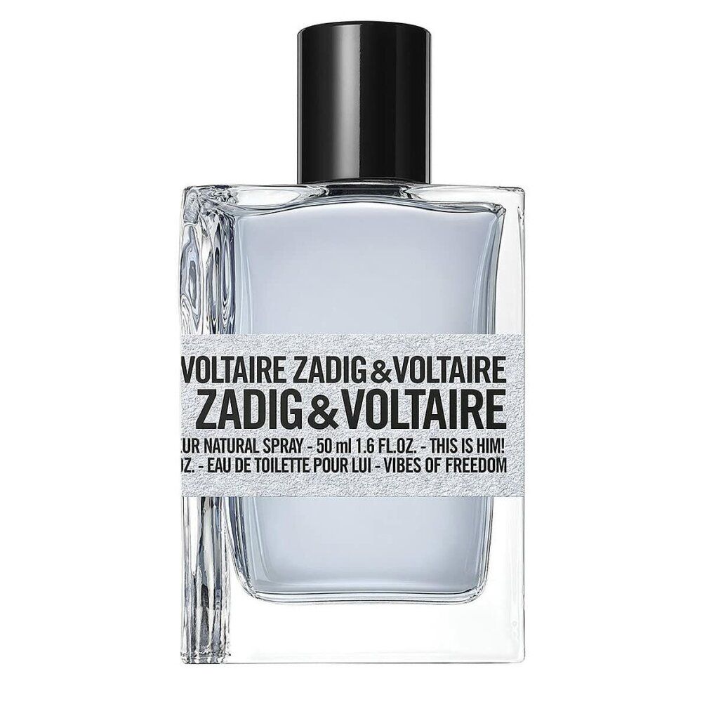 Rechteckiger Flakon mit schwarzem Verschluss. Aufkleber mit Text: Zadig & Voltaire, This is Him! Vibes of Freedom.