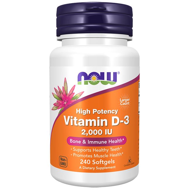 Weiße Flasche mit Vitamin D-3. Aufschrift: NOW, High Potency, 2.000 IU, 240 Softgels. Enthält Informationen zu Knochen- und Immun-Gesundheit.