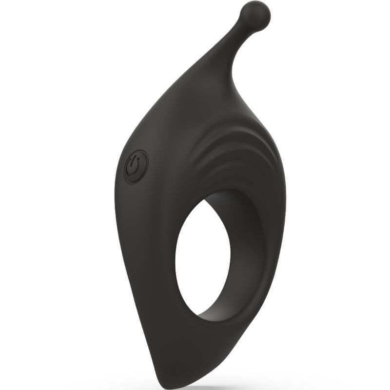 Schwarzer, ringförmiger Vibrator mit einem Knopf mit Power-Symbol. Oben befindet sich eine runde Spitze. Geriffelte Oberfläche.