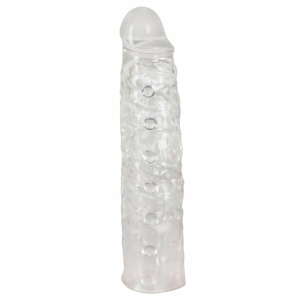 Transparente Penishülle mit Noppen und Öffnungen. Oben abgerundet.