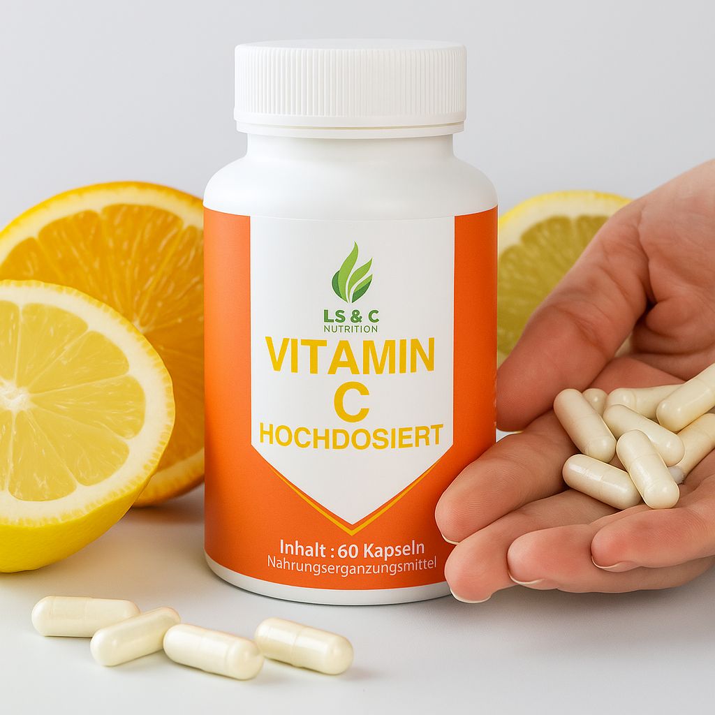 Weiße Flasche mit Vitamin C-Kapseln, umgeben von Zitronen- und Orangenscheiben. Hand mit Kapseln.