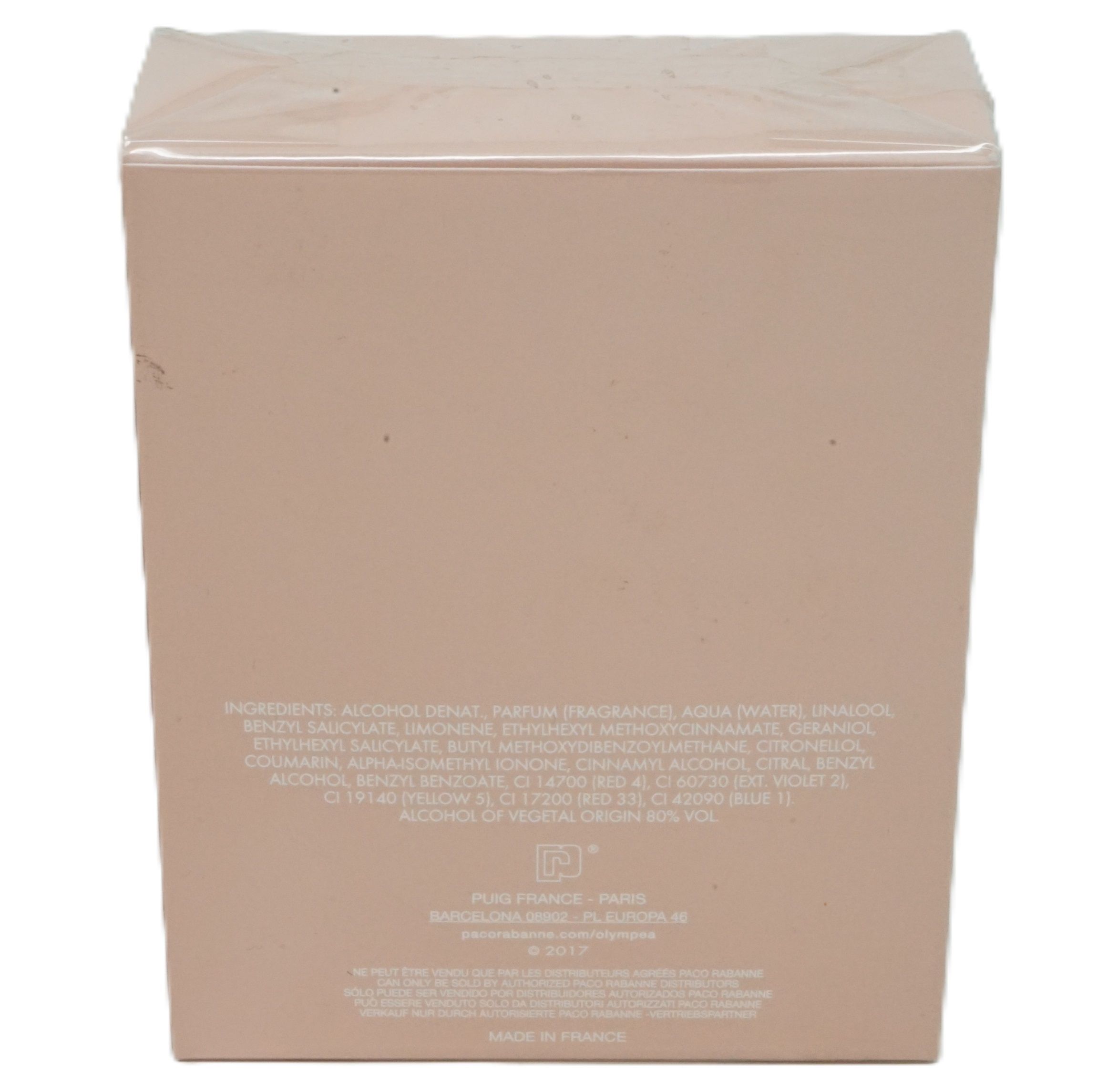 Beige Verpackung. Text: Inhaltsstoffe, Paco Rabanne, Made in France. Rückansicht.
