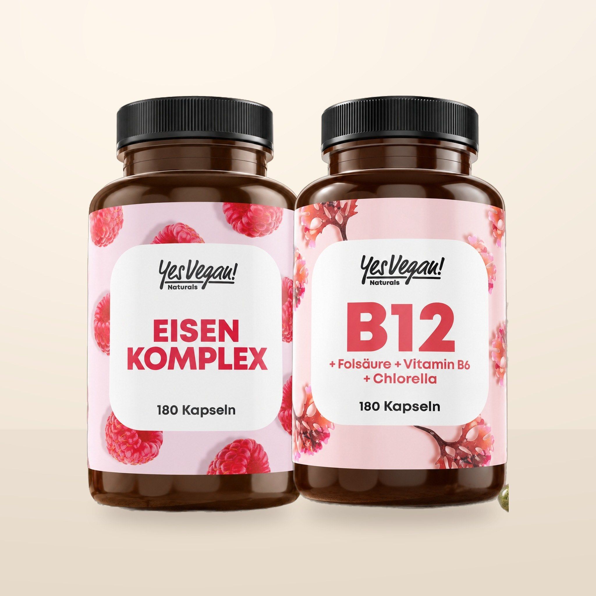 Flasche YesVegan! Super Mushroom Complex, 180 Kapseln, mit Darstellungen von Vitalpilzen und Informationen zu Funktionen.