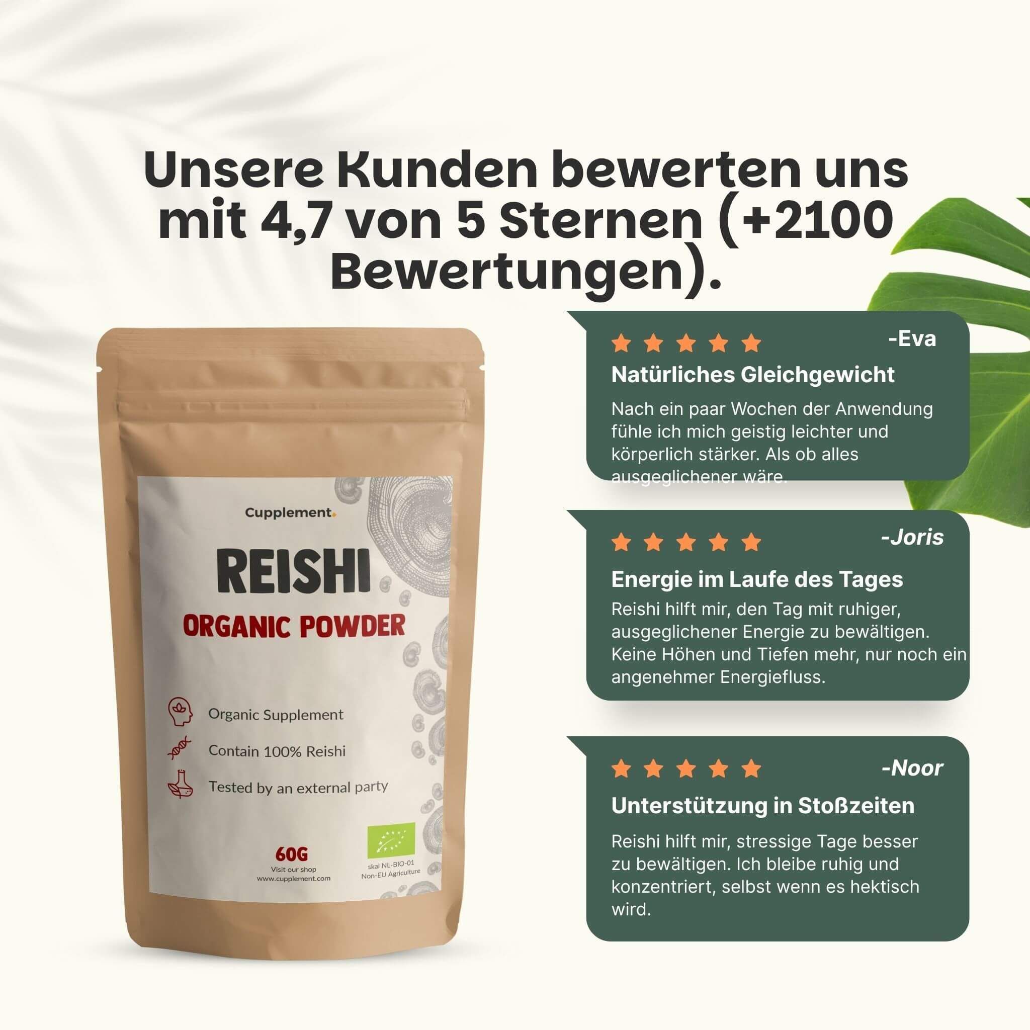 Beutel Reishi Organic Powder, 60g. Text: Unsere Kunden bewerten uns mit 4,7 von 5 Sternen. Kundenbewertungen.