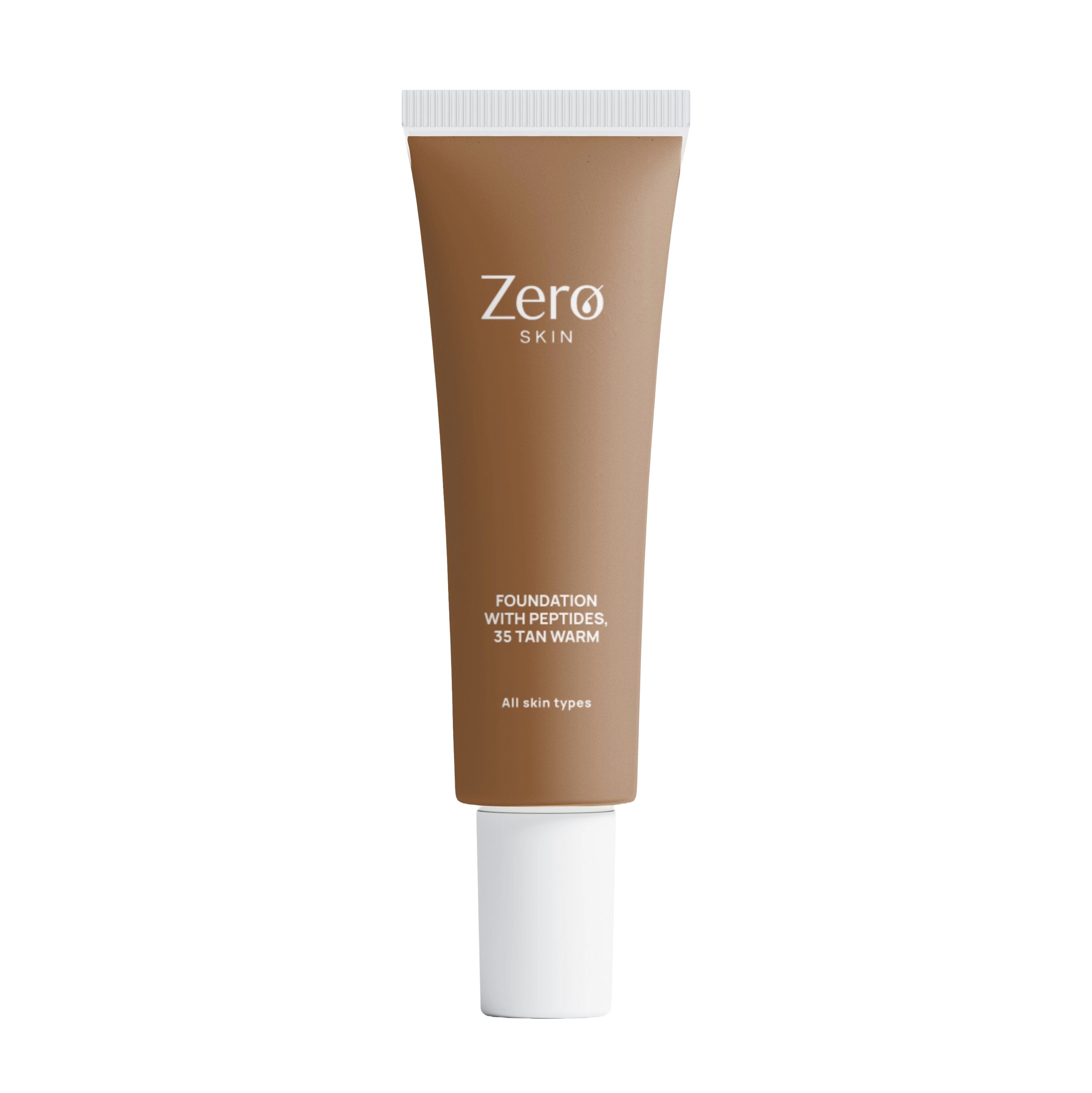 Braune Tube mit weißem Verschluss, beschriftet mit 'Zero Skin Foundation with Peptides, 35 Tan Warm'.