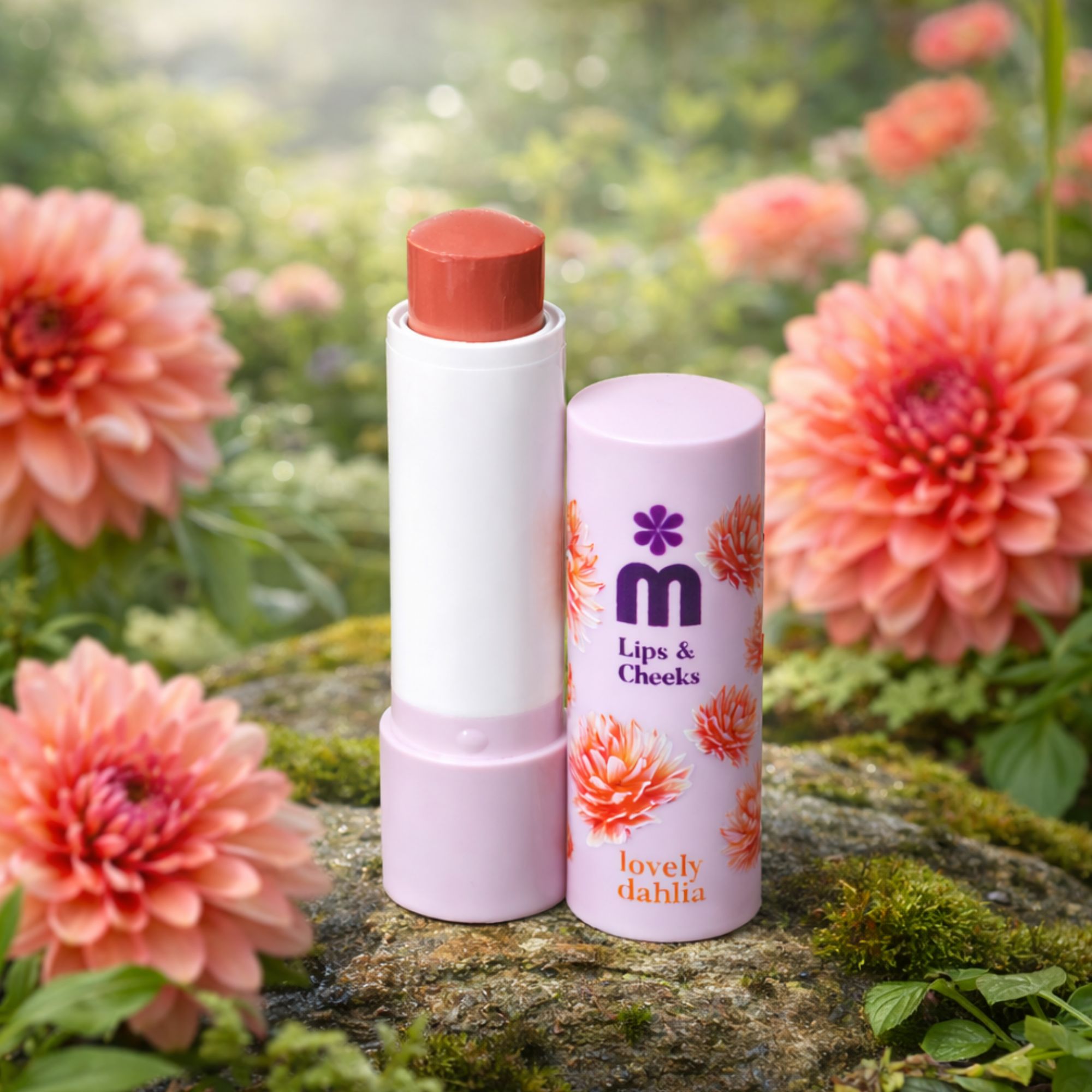 Lippen- und Wangenbalsam mit geöffnetem Deckel. Weißer Stift mit rosafarbenem Balsam. Blumen und Natur im Hintergrund.