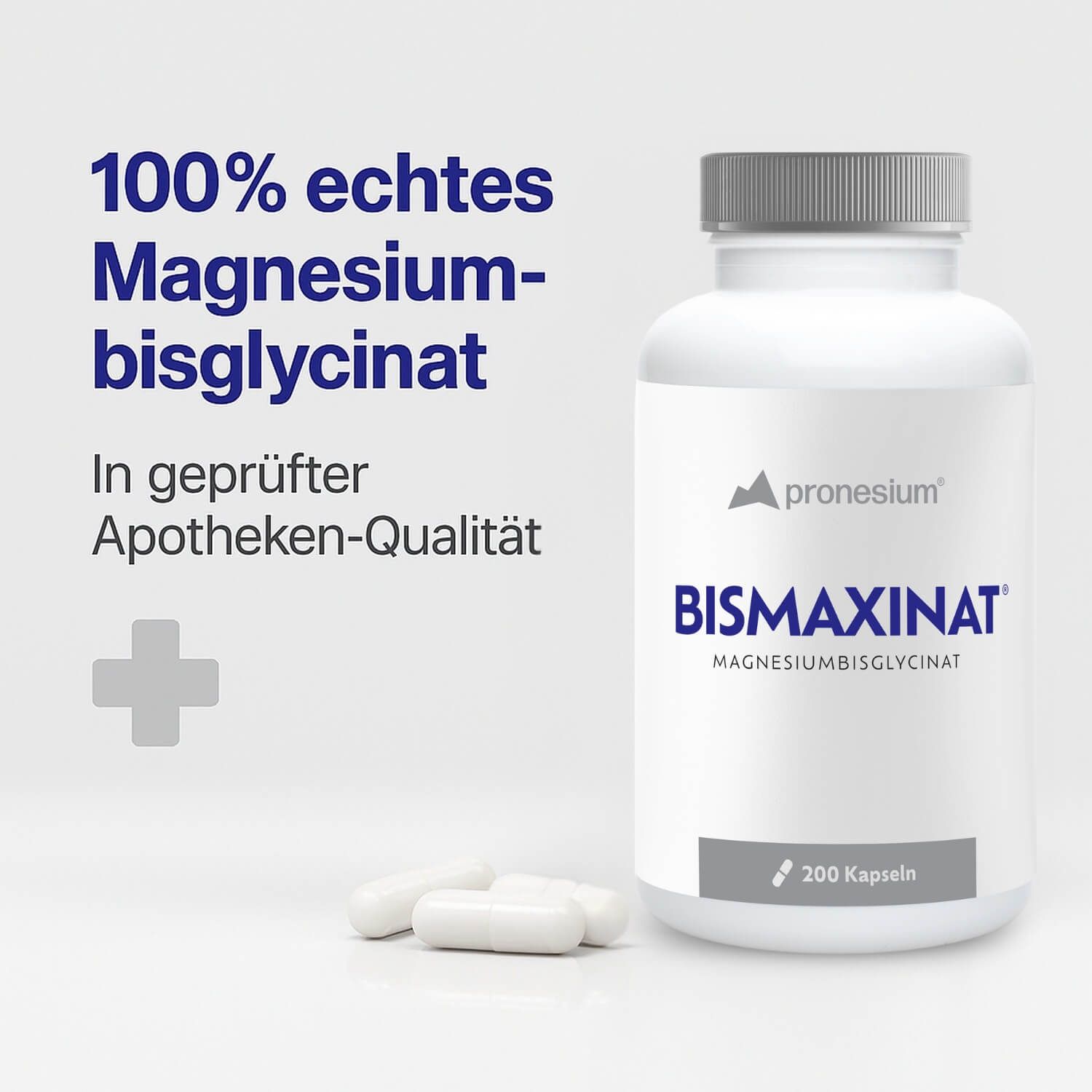 Weiße Flasche mit Kapseln. Aufschrift: BISMAXINAT, Magnesiumbisglycinat. 200 Kapseln. Daneben Kapseln.