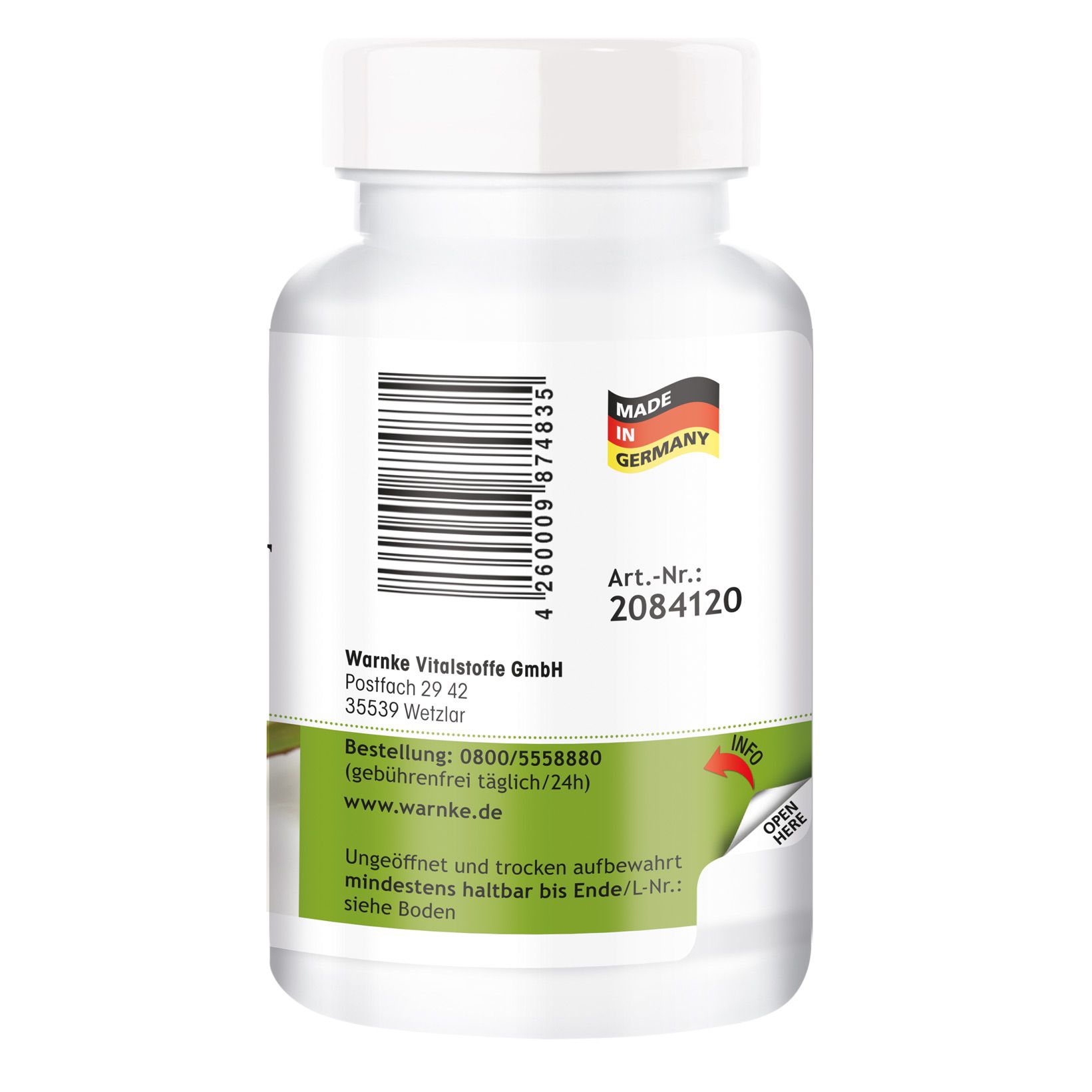 Rückseite der Flasche. Barcode, Made in Germany-Logo. Warnke Vitalstoffe GmbH. Artikelnummer: 2084120. Haltbarkeitshinweis.