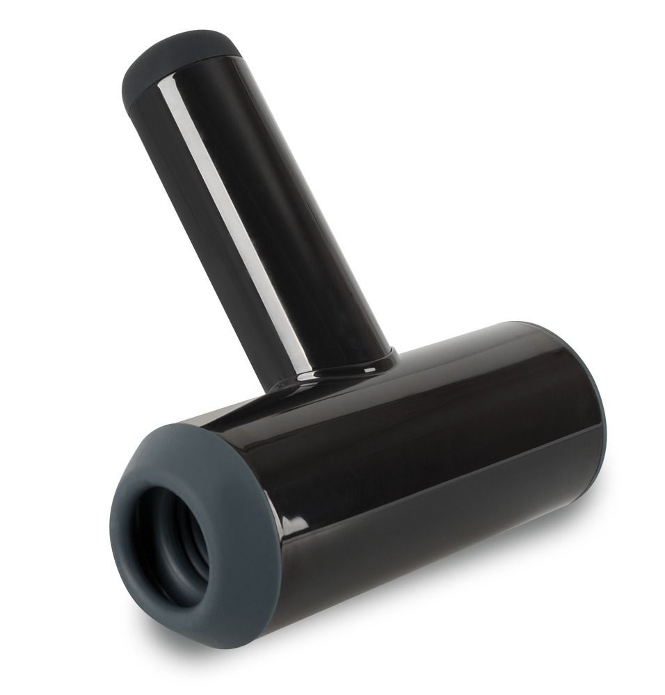 Schwarzes Gerät mit zylindrischem Hauptteil und abgewinkeltem Griff. Graue Akzente an den Enden.