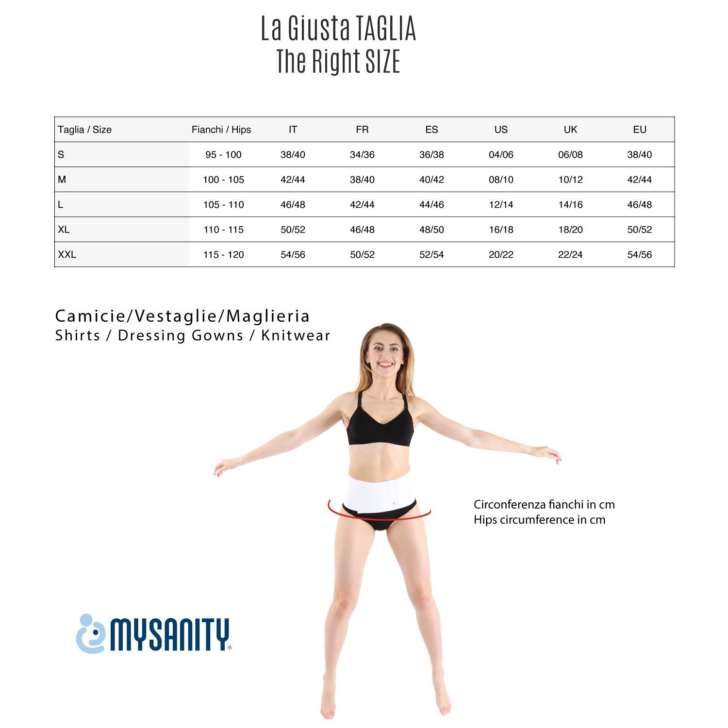 Größentabelle für MYSANITY Geburtshemden. Frau zeigt Hüftumfang. Größen S bis XXL.