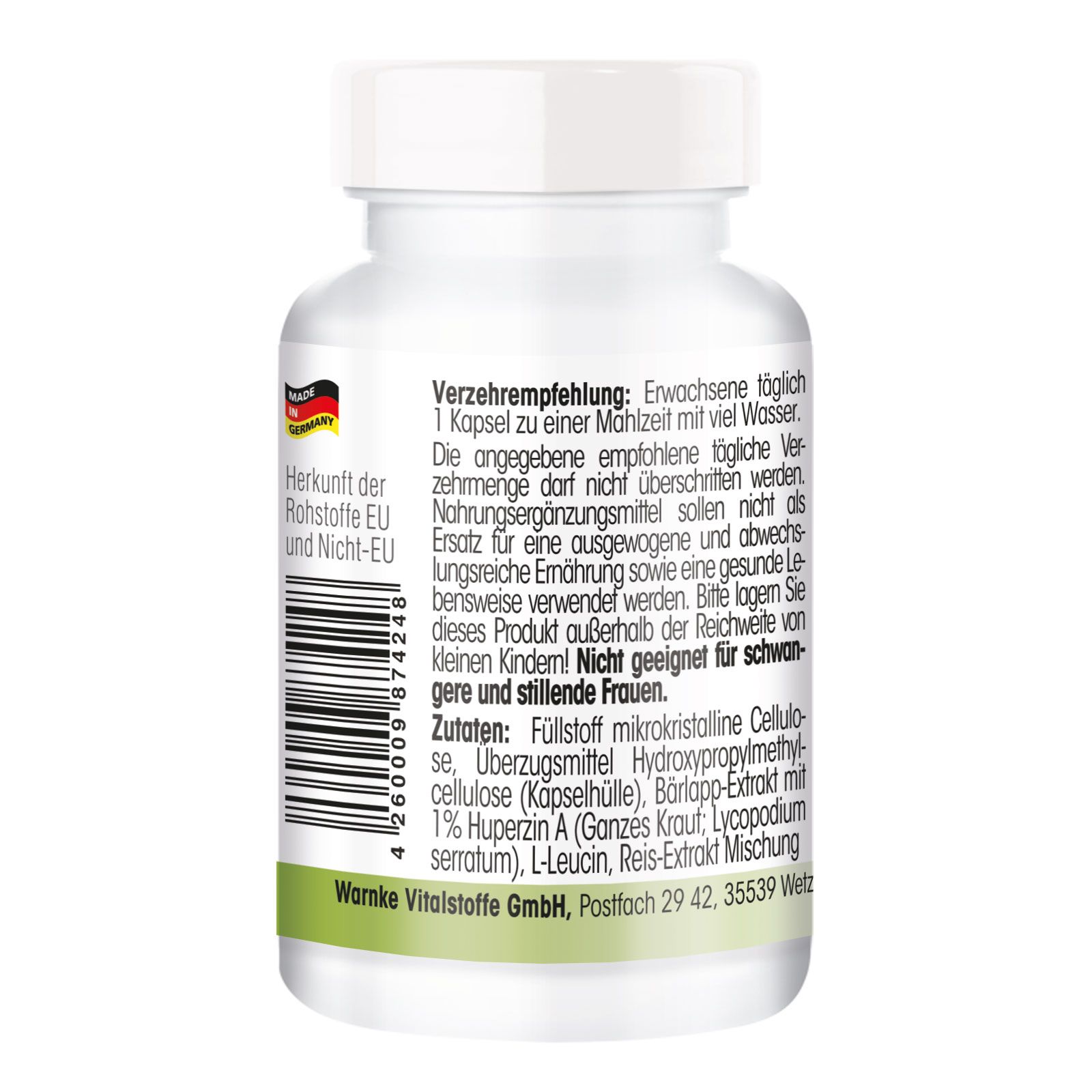 Rückseite der weißen Flasche. Text: Verzehrempfehlung, Zutaten, Warnke Vitalstoffe GmbH. Hergestellt in EU und Nicht-EU.