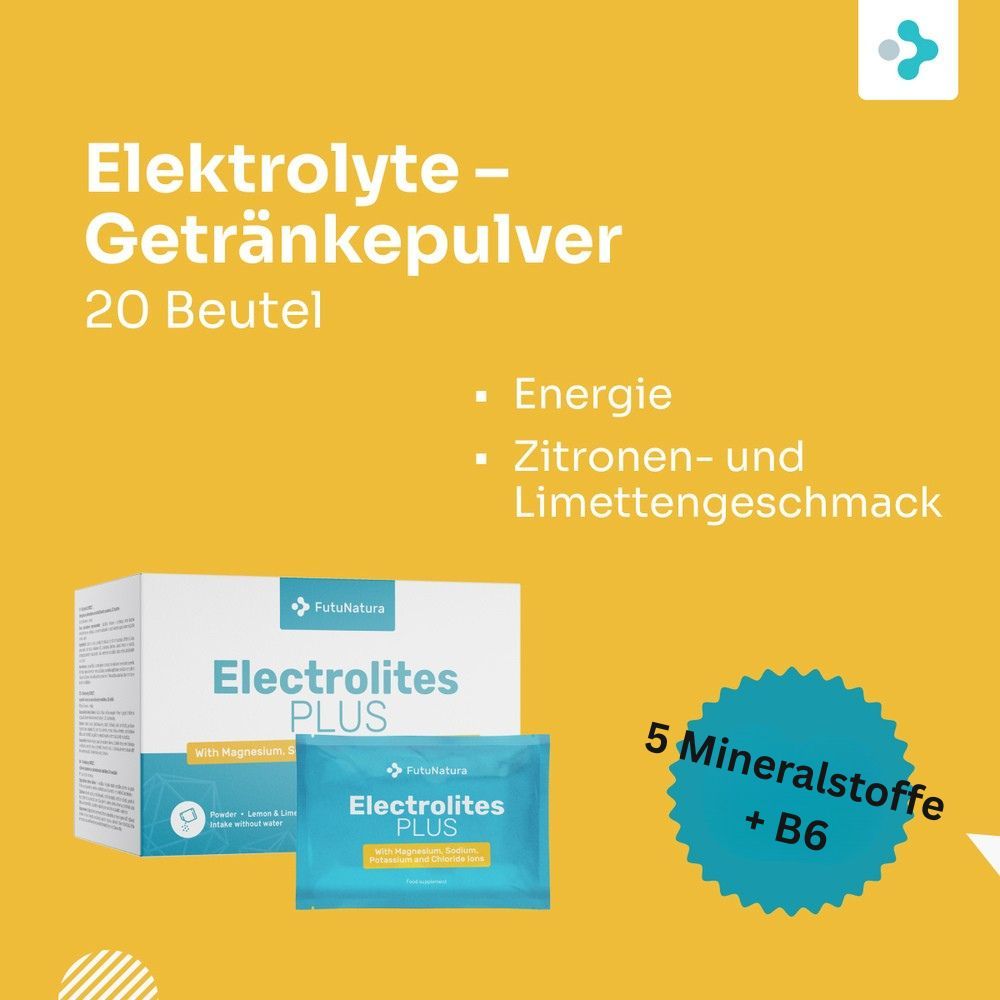 Produktverpackung Elektrolyte PLUS und Einzelbeutel. 20 Beutel. Marke FutuNatura. Text: Energie, Zitrone- und Limettengeschmack. 5 Mineralstoffe + B6.