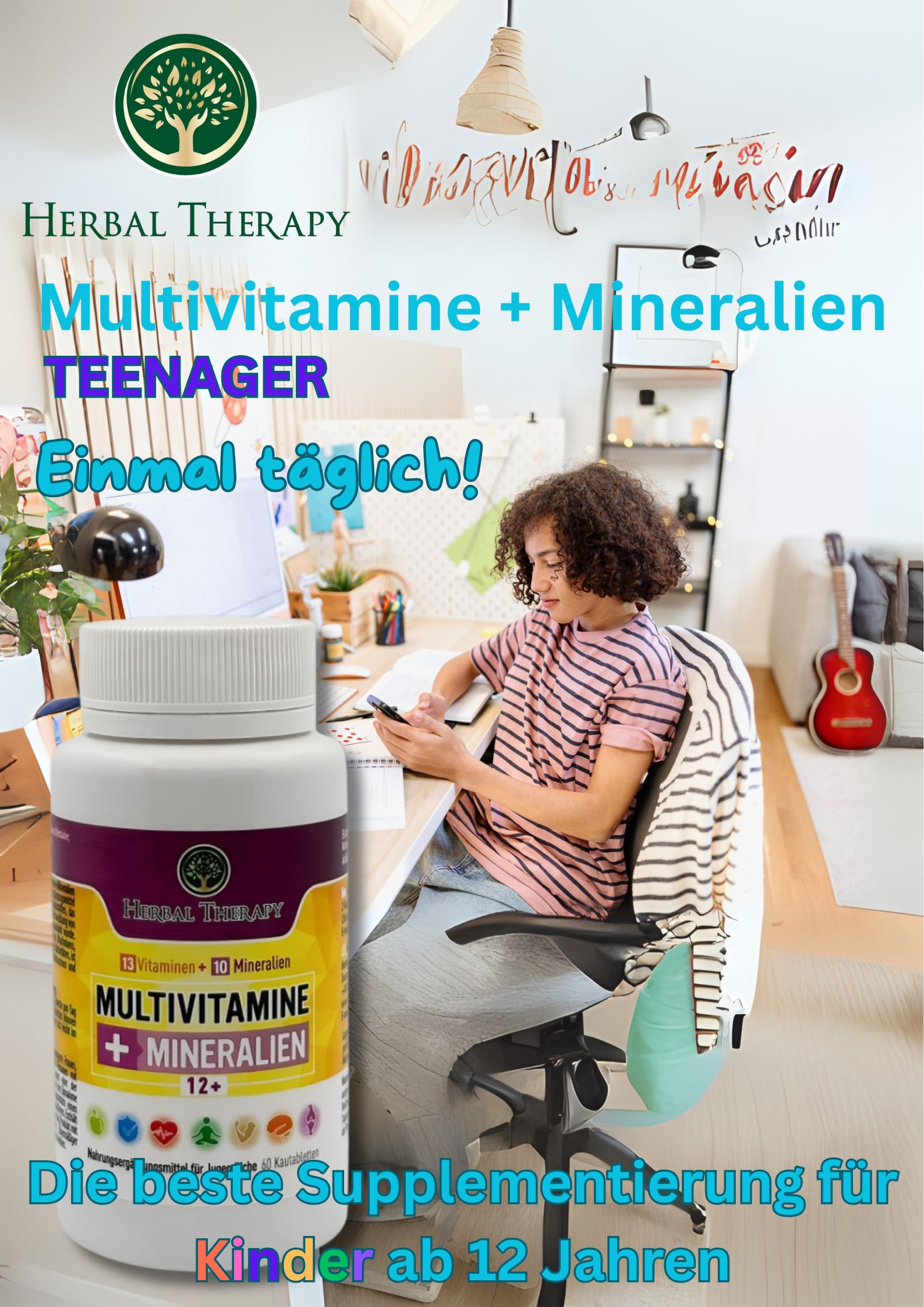 Teenager sitzt am Schreibtisch, Flasche Herbal Therapy Multivitamine + Mineralien 12+ daneben. Text: Die beste Supplementierung für Kinder ab 12 Jahren.