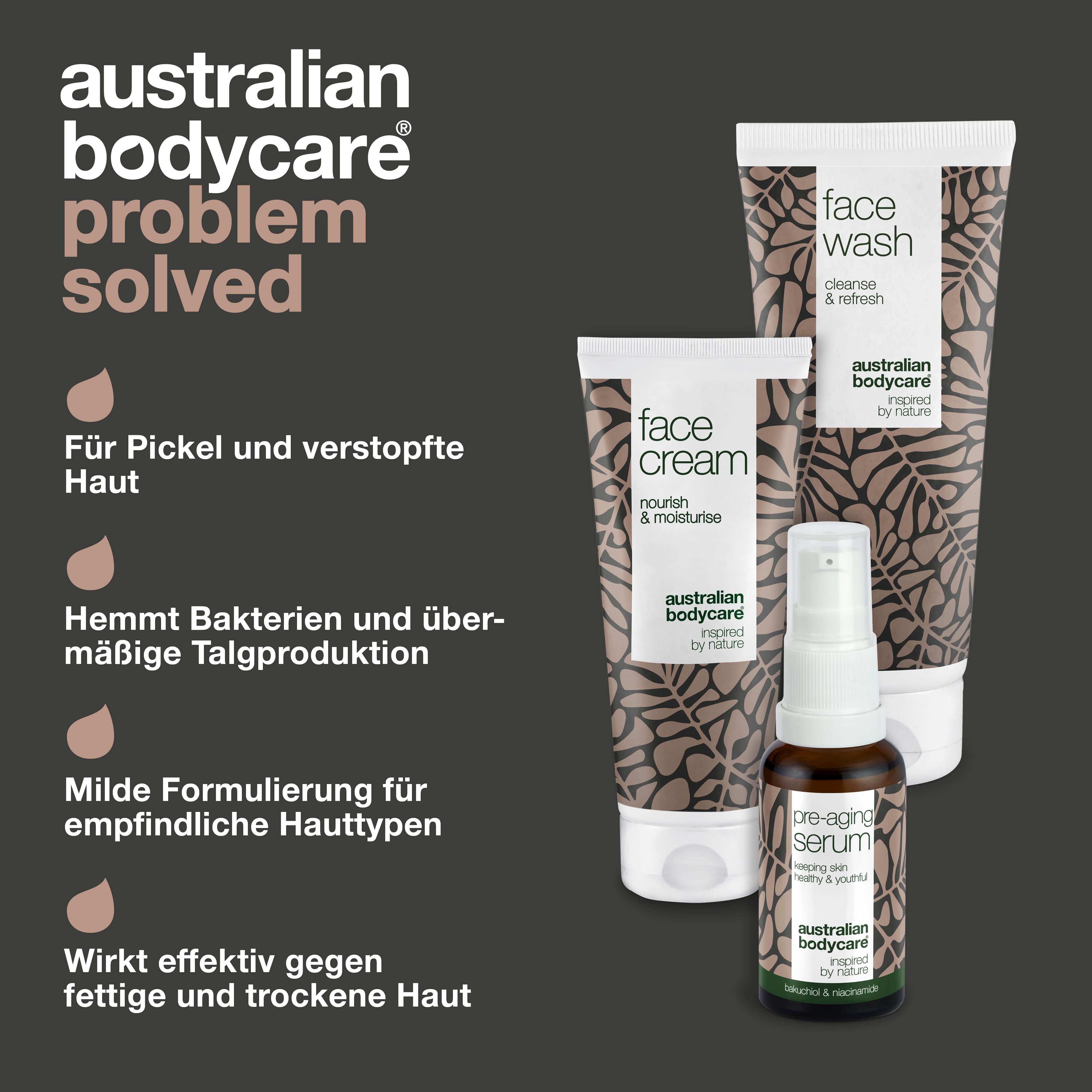 Drei Produkte: Face Wash, Face Cream, Pre-Aging Serum. Text: Problem gelöst. Für Pickel, hemmt Bakterien, milde Formel.