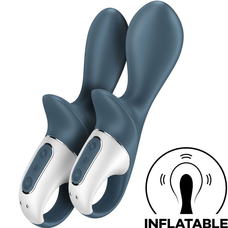 Zwei blaue und weiße Anal-Vibratoren. Ringförmiger Griff, länglicher Schaft. Bedienfeld mit Knöpfen. Aufschrift 'INFLATABLE'.