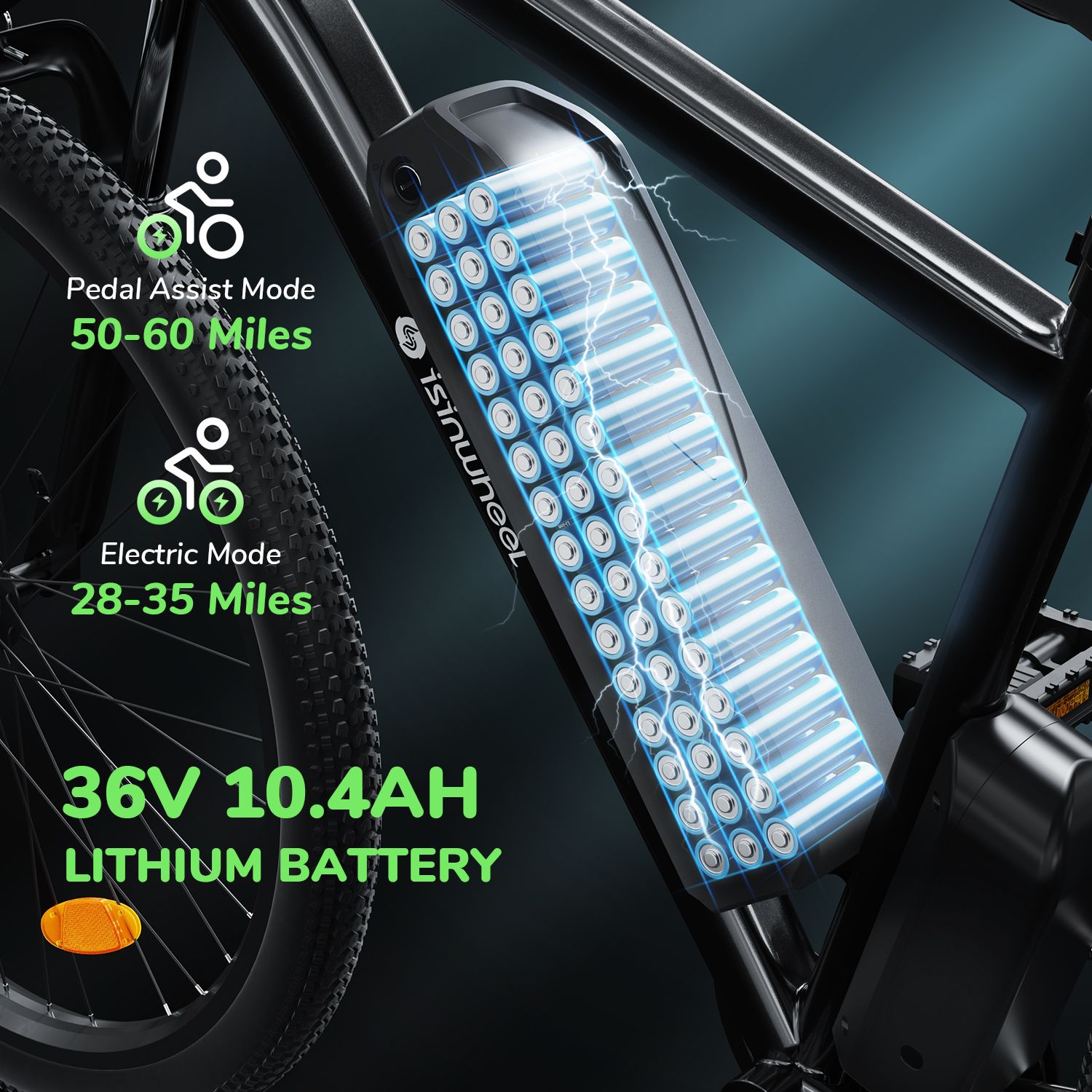E-Bike-Akku mit 36V 10,4AH Lithium-Batterie. Text zeigt Pedalunterstützungsmodus 50-60 Meilen und Elektromodus 28-35 Meilen.