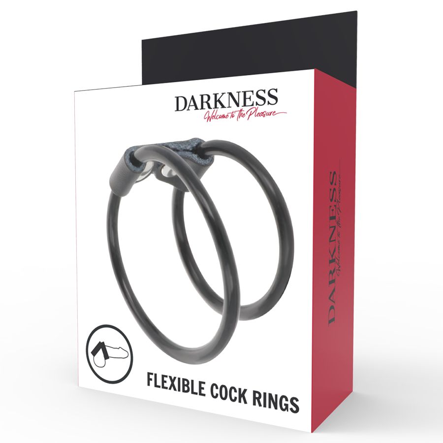 Verpackung mit doppeltem Penisring. Marke: Darkness. Text: Flexible Cock Rings. Abbildung eines Penisrings.