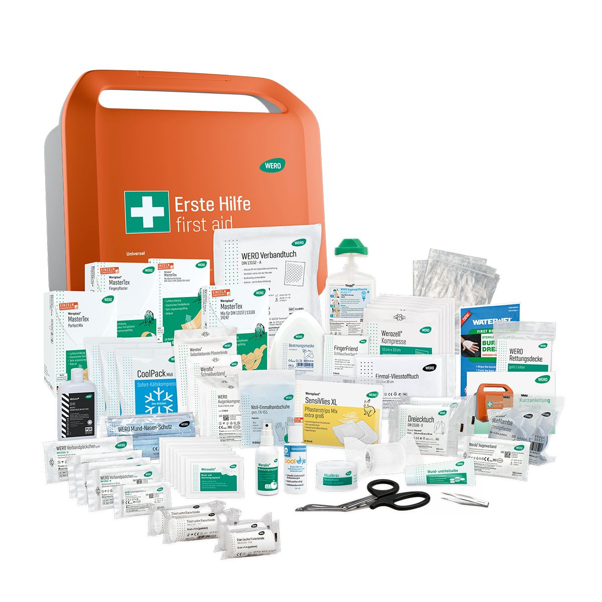 Erste-Hilfe-Koffer mit Inhalt. Verbandsmaterial, Medikamente, Schere, etc. Grünes Kreuz-Symbol und Schriftzug 'Erste Hilfe/first aid'.