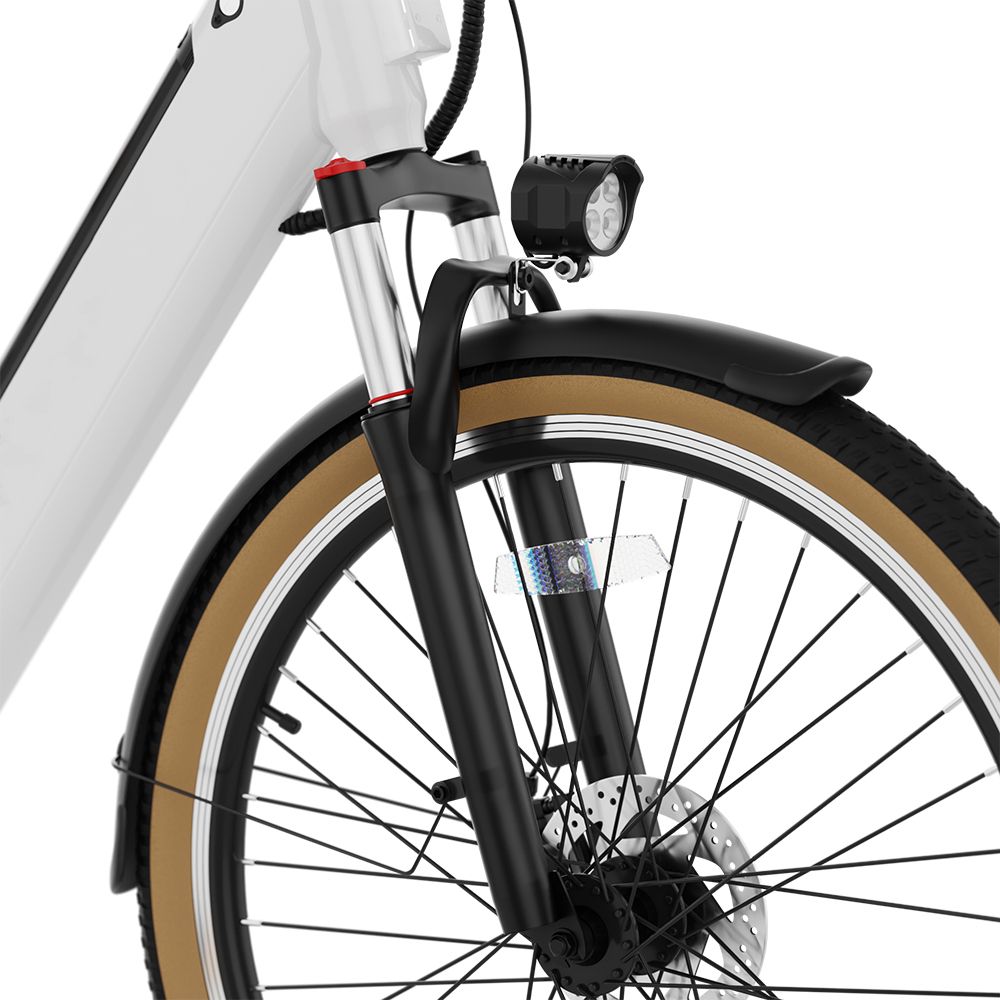 Nahaufnahme des Vorderrads eines E-Bikes. Schwarze Gabel, brauner Reifen, Schutzblech und Scheinwerfer.