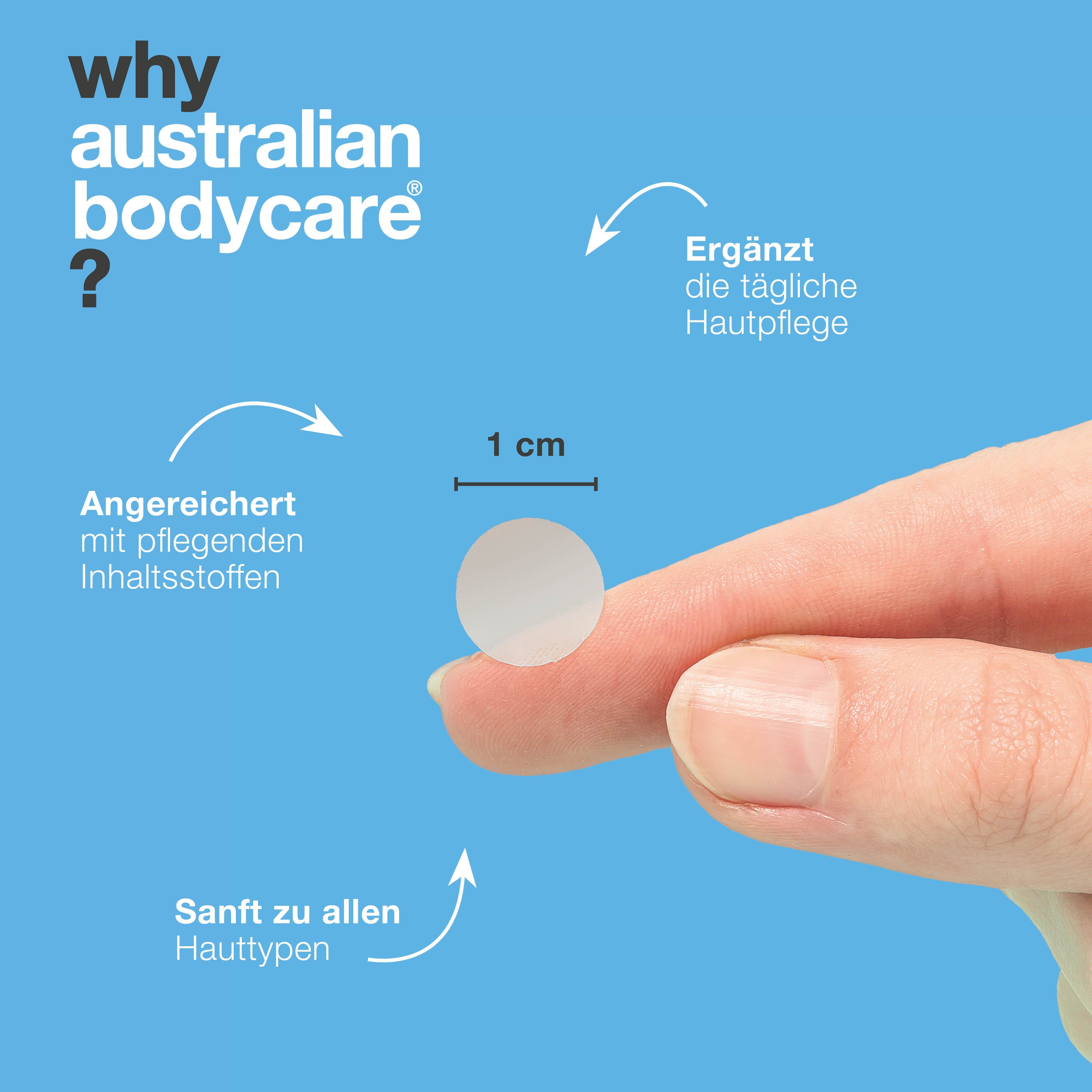 Ein Pflaster auf einem Finger. Text: 1 cm. Pfeile zeigen auf: angereichert mit Inhaltsstoffen, sanft zu allen Hauttypen.