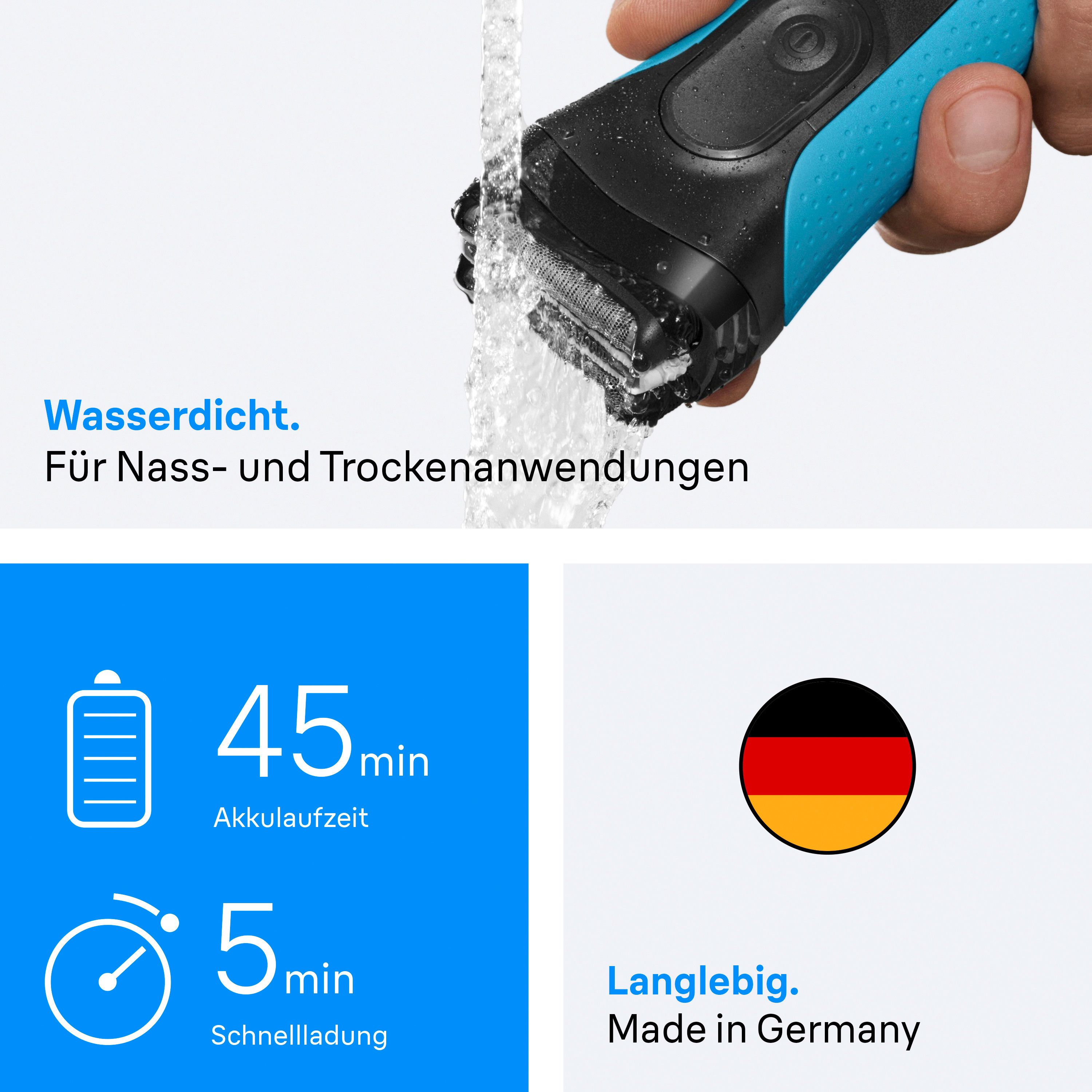 Braun Series 3 Rasierer unter fließendem Wasser. Wasserdicht für Nass- und Trockenanwendung.