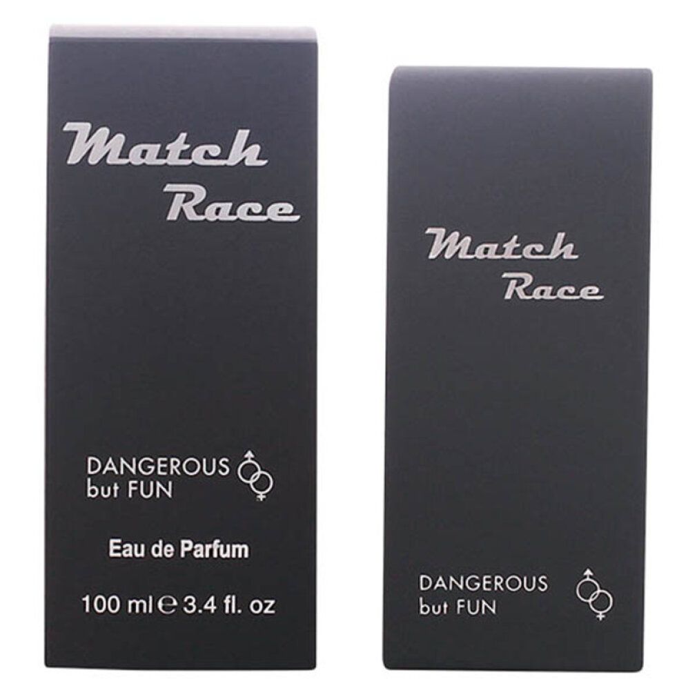 Zwei schwarze Parfümverpackungen. Aufschrift "Match Race", "Dangerous but FUN", "Eau de Parfum", 100 ml.