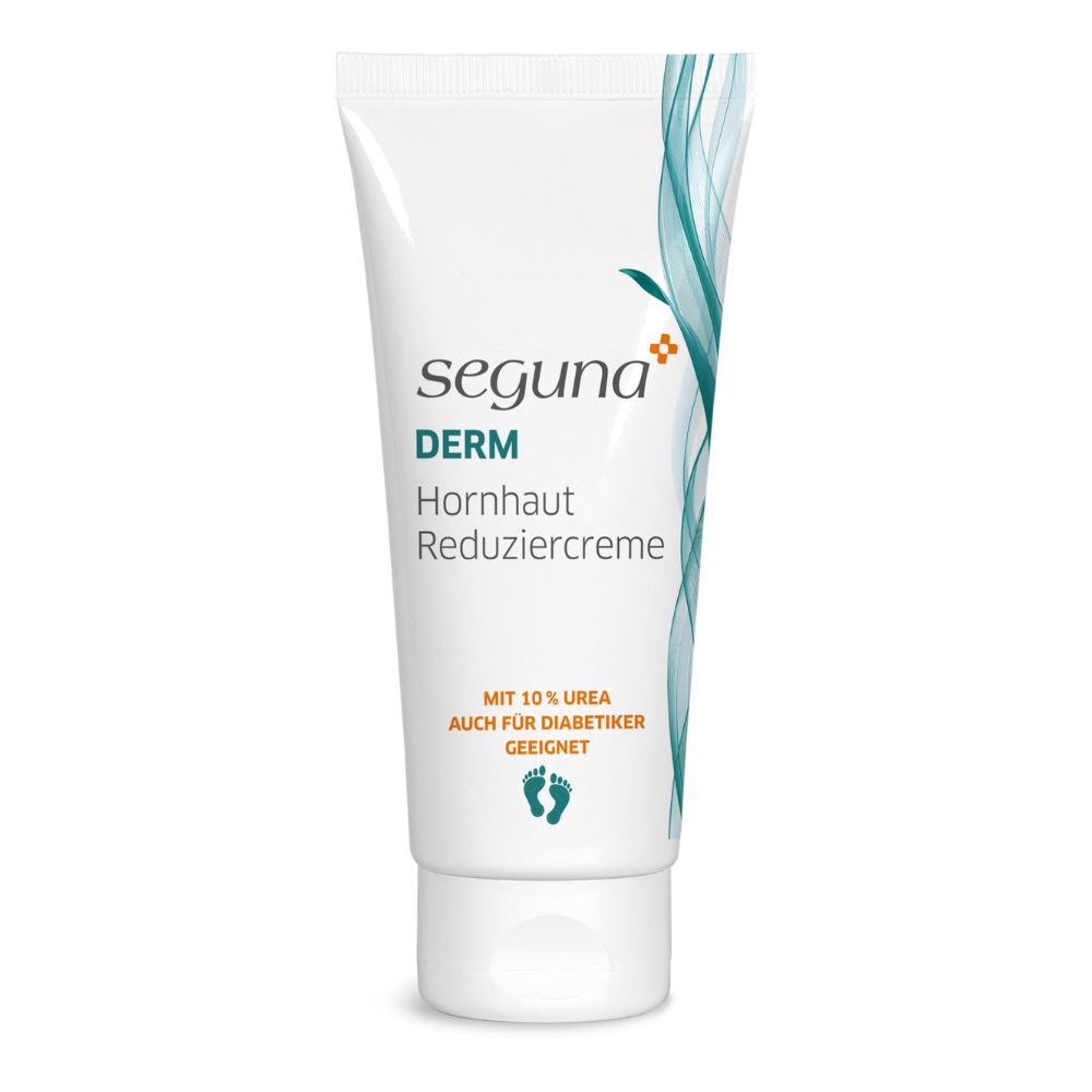 Weiße Tube mit Produktnamen und Schriftzug. Aufschrift: SEGUNA Derm Hornhaut Reduziercreme. Enthält 10% Urea. Für Diabetiker geeignet.