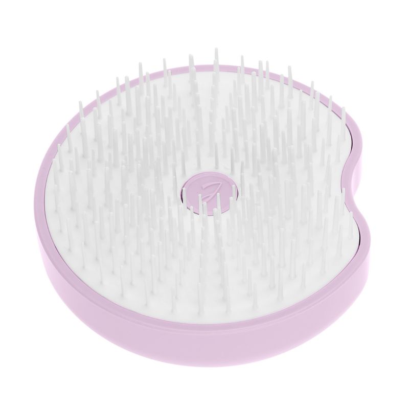 Runde, rosa Haarbürste mit weißen Borsten. Zentrales Logo. Ergonomische Form mit Griffmulde.