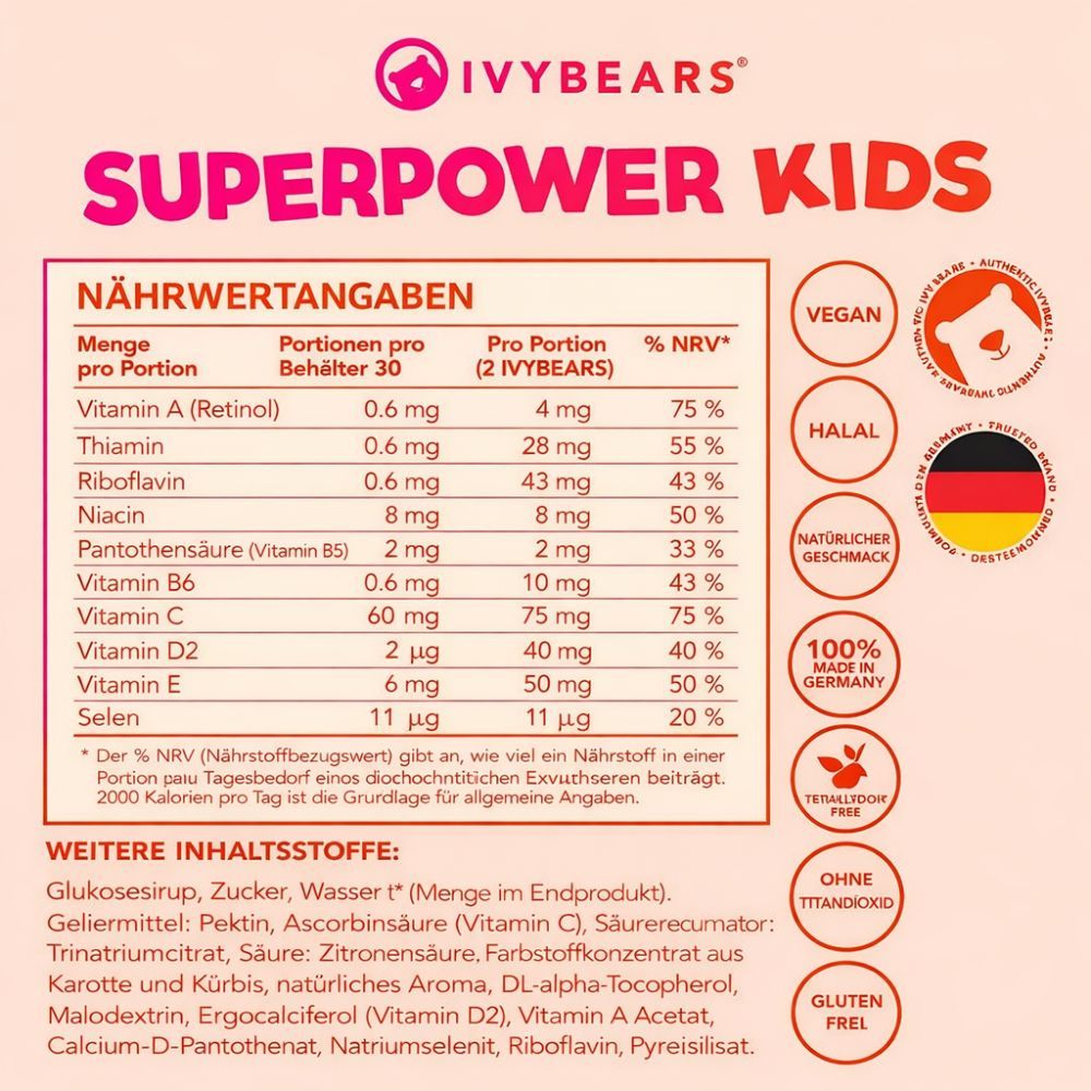 Nährwerttabelle für Superpower Kids. Enthält Vitamine und Mineralstoffe. Vegan, Halal, Made in Germany.