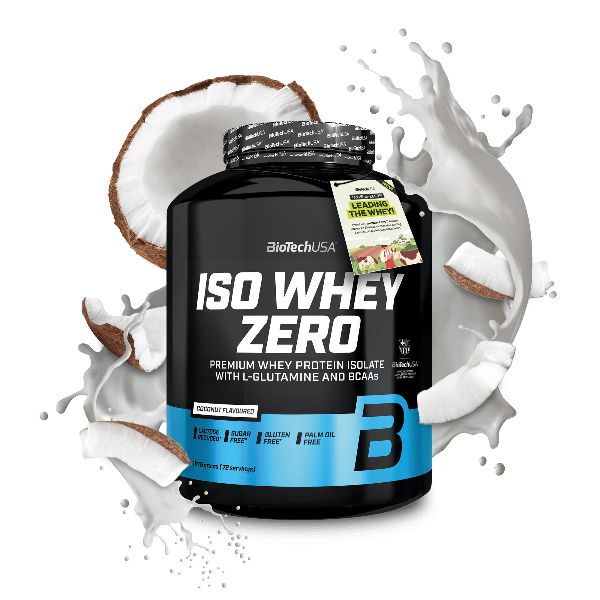 Schwarze Dose BioTechUSA Iso Whey Zero, Kokosnuss-Aroma. Mit Kokosnuss-Stücken und Milchspritzern. Aufschrift: ISO WHEY ZERO, Premium Whey Protein Isolate.