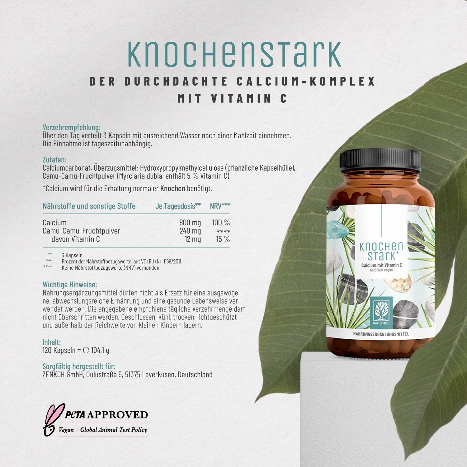 Braune Flasche mit Kapseln. Aufschrift: KNOCHENSTARK. Calcium mit Vitamin C. PETA-Siegel. 120 Kapseln.