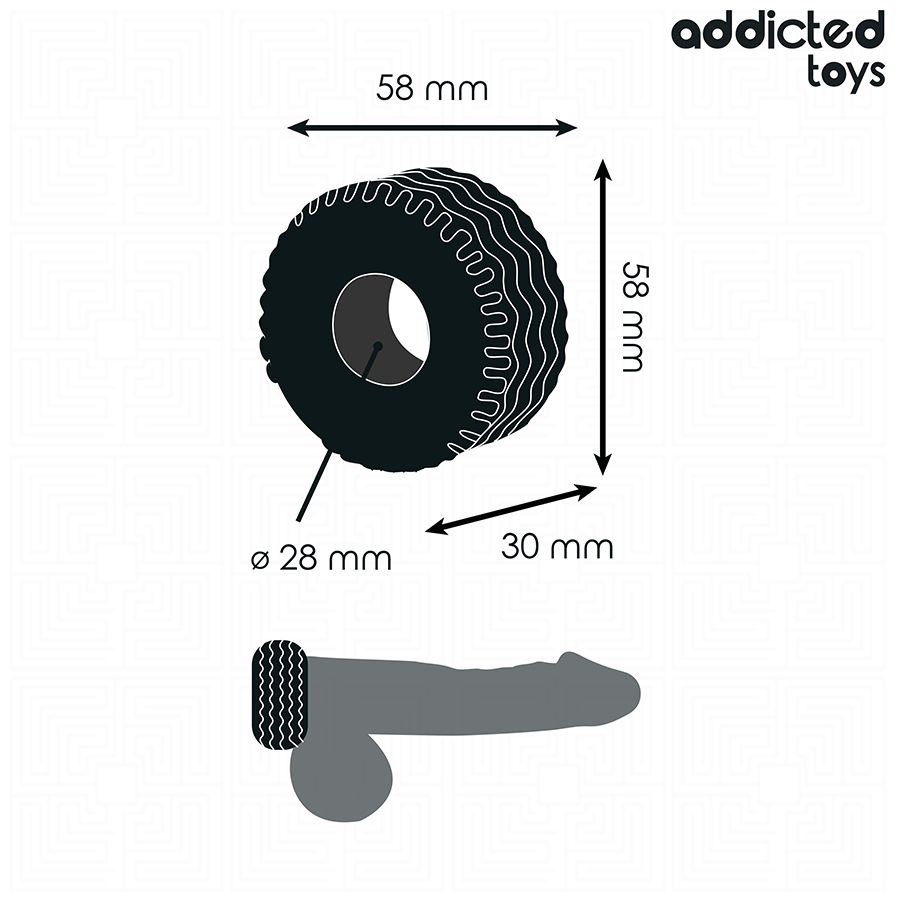 Schwarzer Penisring mit Maßangaben: Durchmesser 28 mm, Außen 58 mm, Höhe 30 mm.