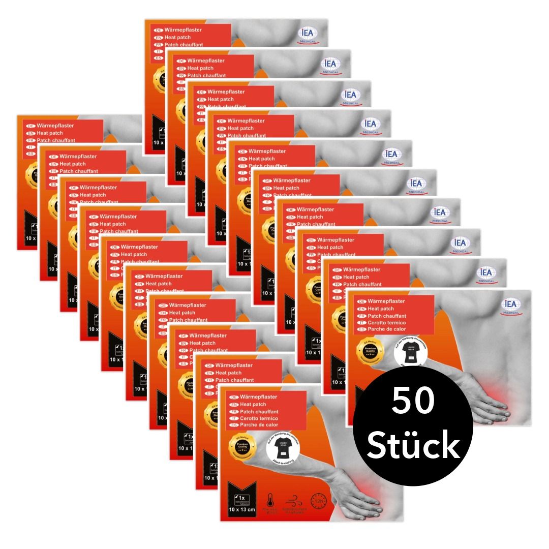 Mehrere Packungen Wärmepflaster, 10 x 13 cm, mit IEA-Logo. Aufdruck: 50 Stück. Einzelpackung mit Abbildung eines Körpers.