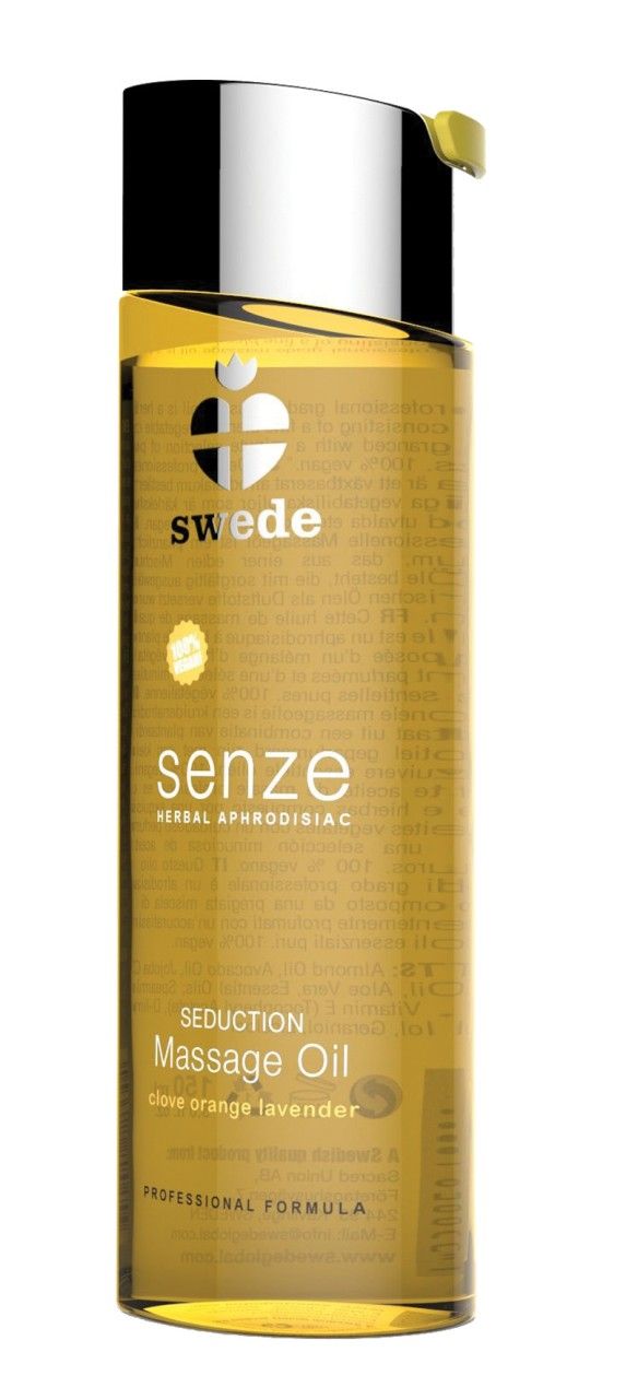 Massageöl-Flasche, gelbliche Flüssigkeit, silberner Deckel, gelber Verschluss. Aufschrift: Swede, senze, Massage Oil.